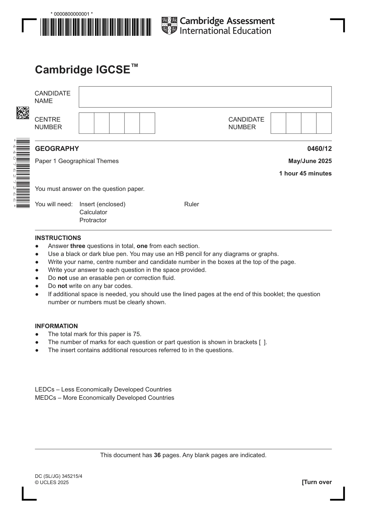 Cambridge IGCSE Geography 0460 2025 May/June Paper 1 · Variant 2 question paper, page 1 of 36