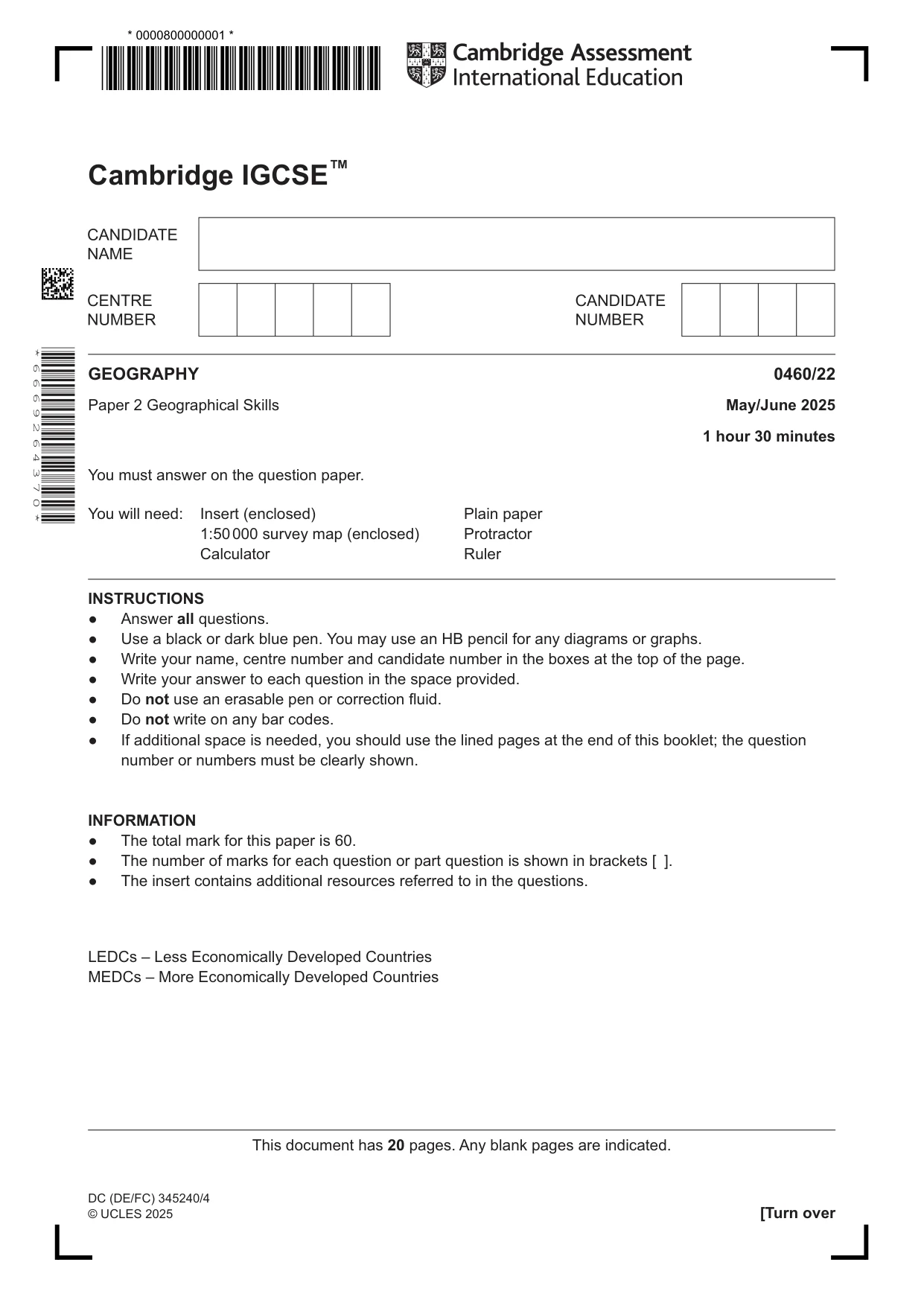 Cambridge IGCSE Geography 0460 2025 May/June Paper 2 · Variant 2 question paper, page 1 of 20
