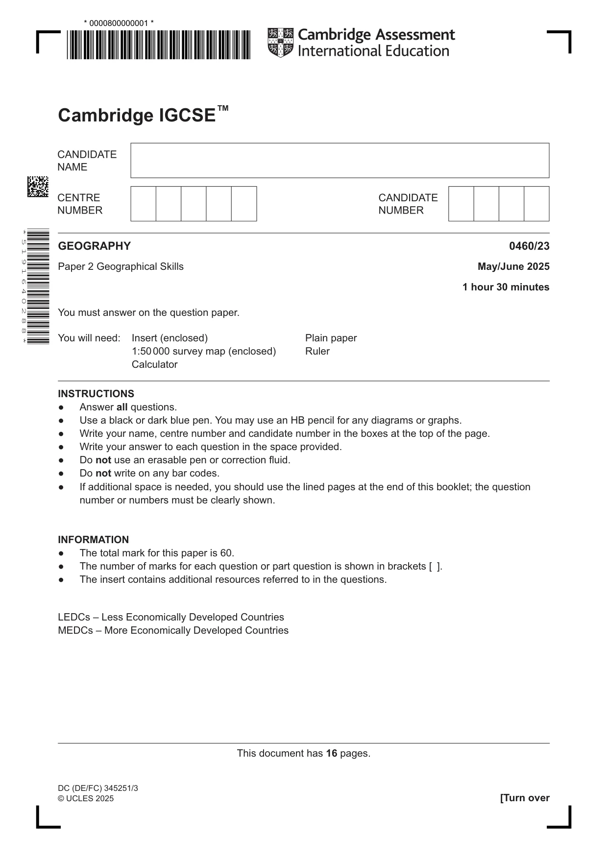 Cambridge IGCSE Geography 0460 2025 May/June Paper 2 · Variant 3 question paper, page 1 of 16