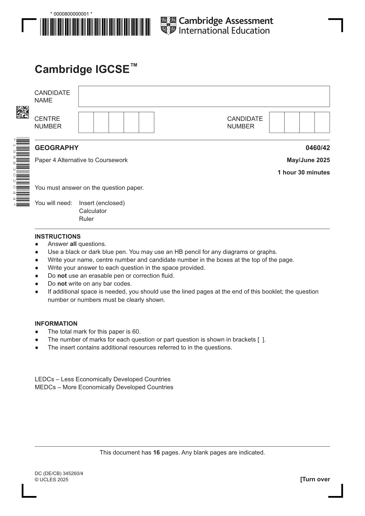 Cambridge IGCSE Geography 0460 2025 May/June Paper 4 · Variant 2 question paper, page 1 of 16