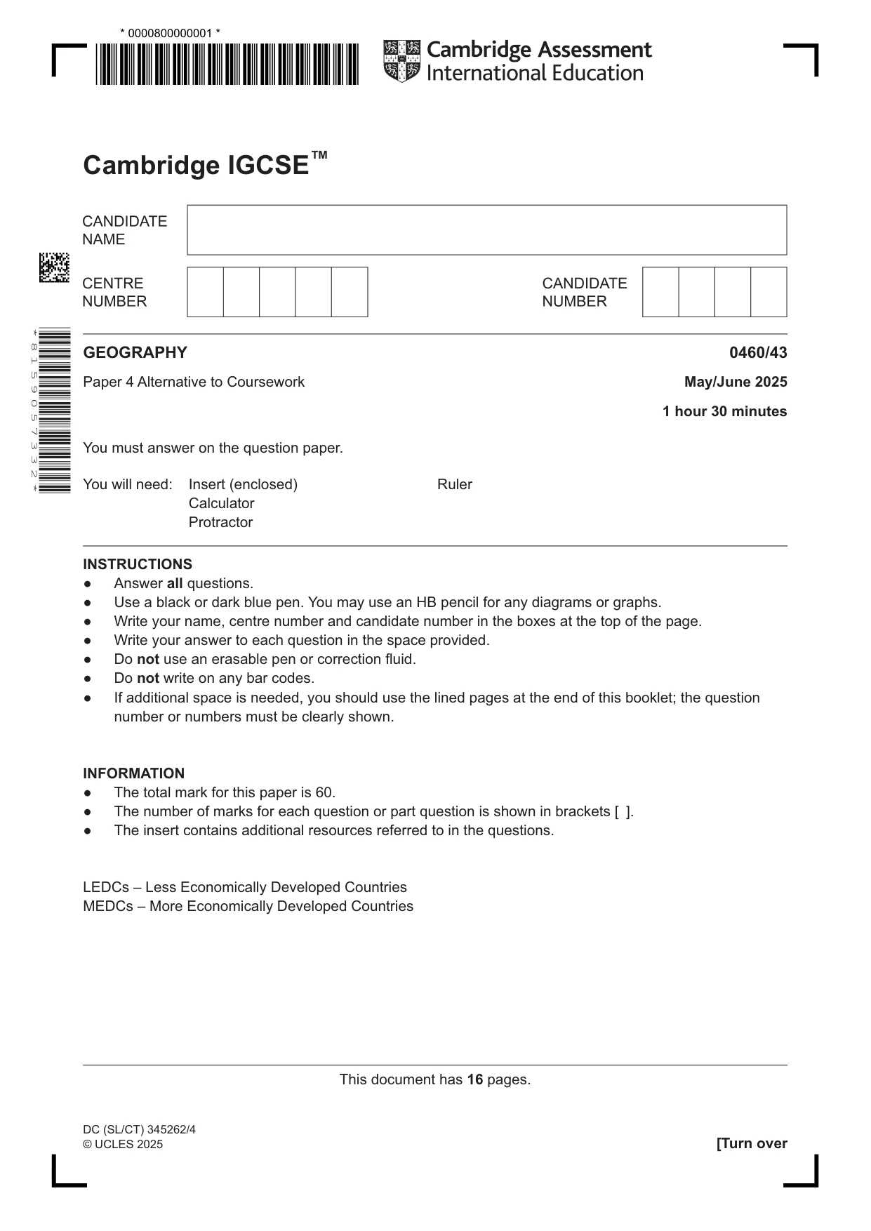 Cambridge IGCSE Geography 0460 2025 May/June Paper 4 · Variant 3 question paper, page 1 of 16