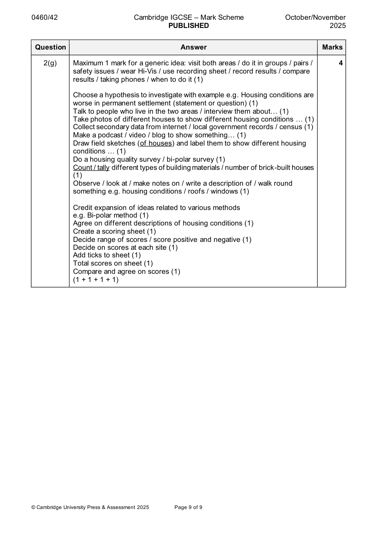 Mark scheme, page 9 of 9
