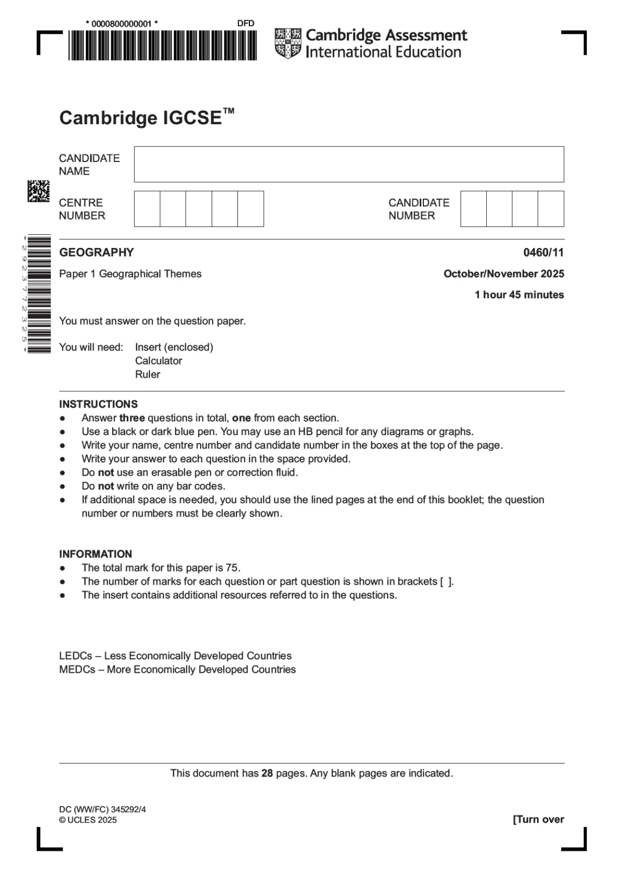 Cambridge IGCSE Geography 0460 2025 Oct/Nov Paper 1 · Variant 1 question paper, page 1 of 28