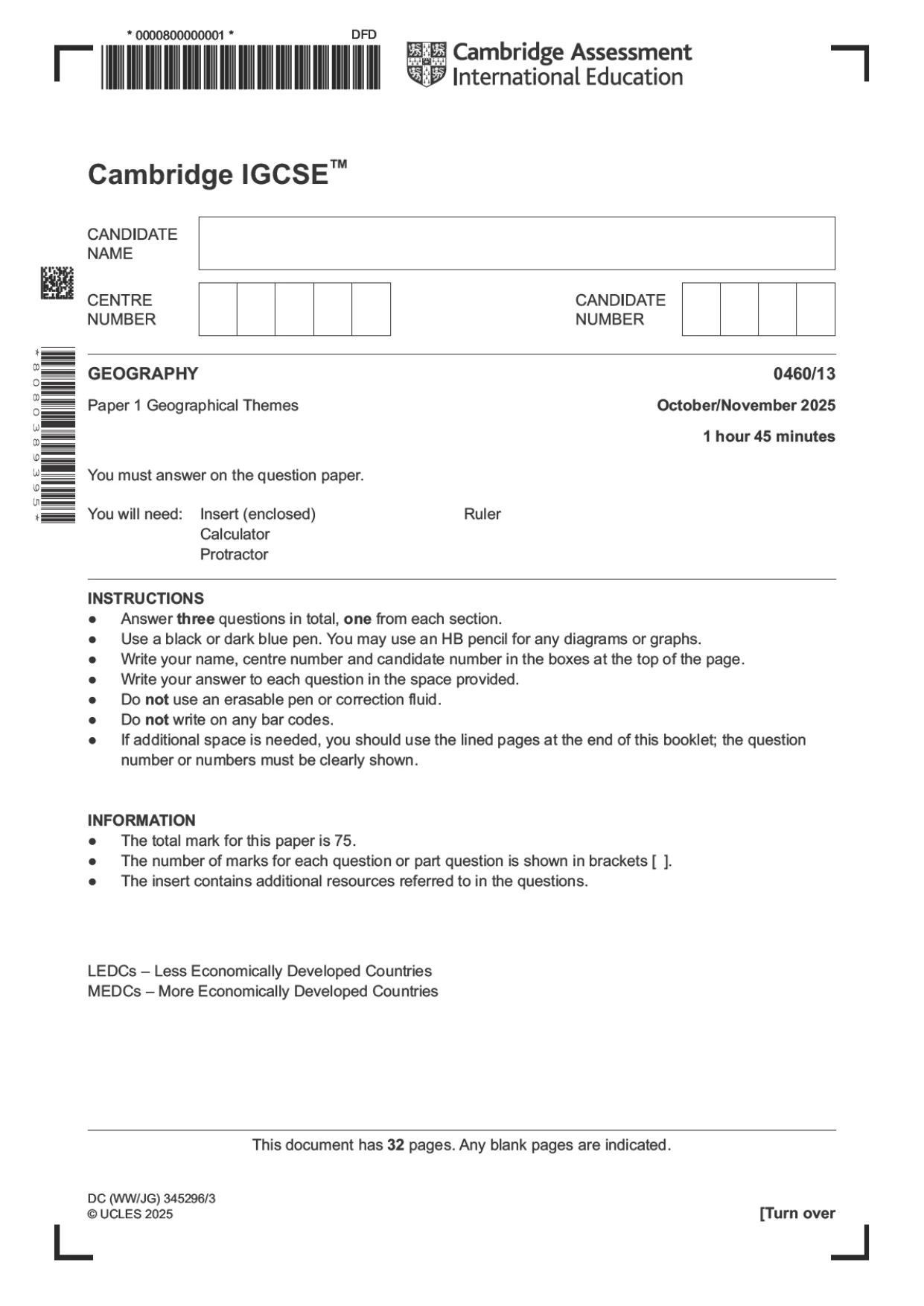 Cambridge IGCSE Geography 0460 2025 Oct/Nov Paper 1 · Variant 3 question paper, page 1 of 32