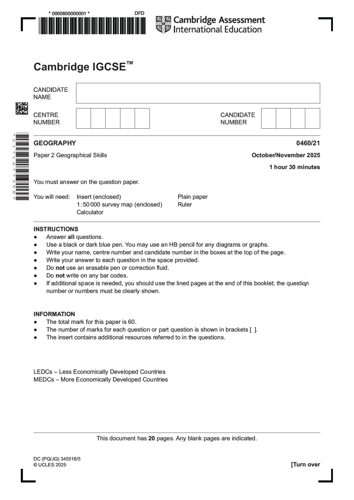 Cambridge IGCSE Geography 0460 2025 Oct/Nov Paper 2 · Variant 1 question paper, page 1 of 20
