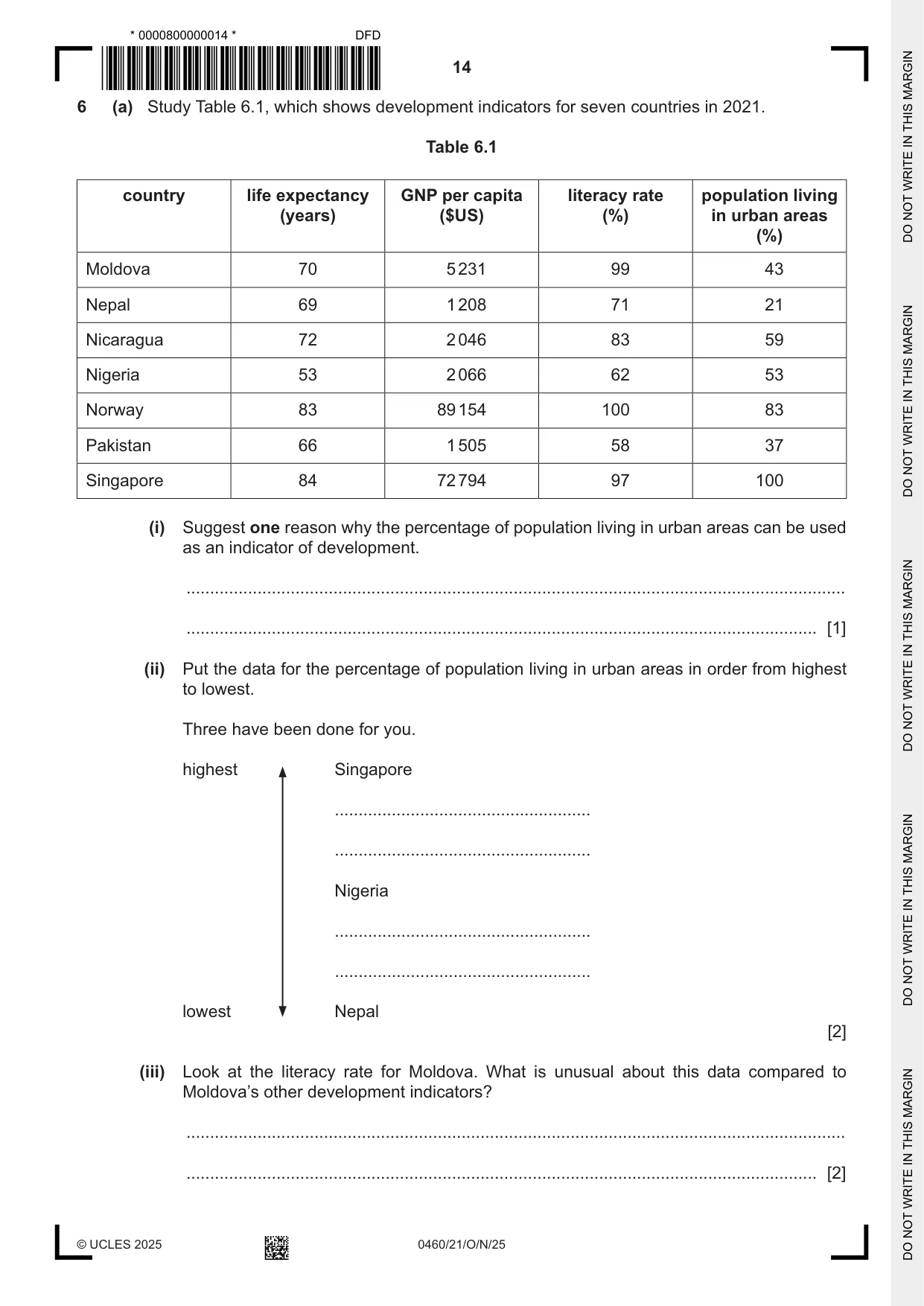 Cambridge IGCSE Geography 0460 2025 Oct/Nov Paper 2 · Variant 1 question paper, page 14 of 20