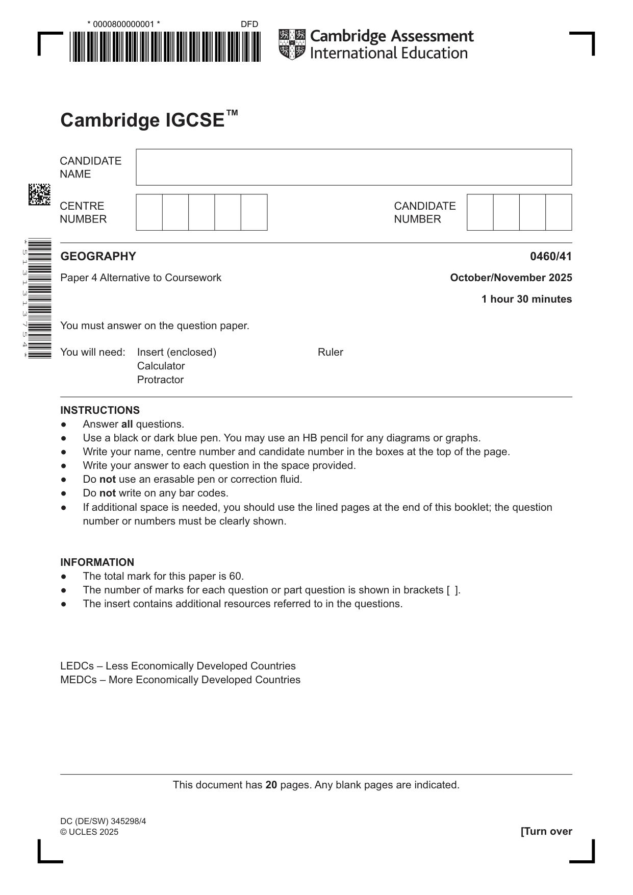 Cambridge IGCSE Geography 0460 2025 Oct/Nov Paper 4 · Variant 1 question paper, page 1 of 20