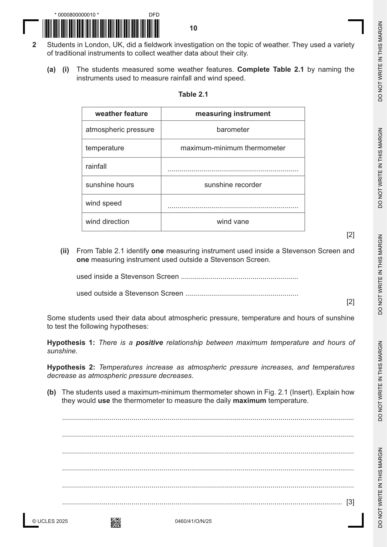 Cambridge IGCSE Geography 0460 2025 Oct/Nov Paper 4 · Variant 1 question paper, page 10 of 20