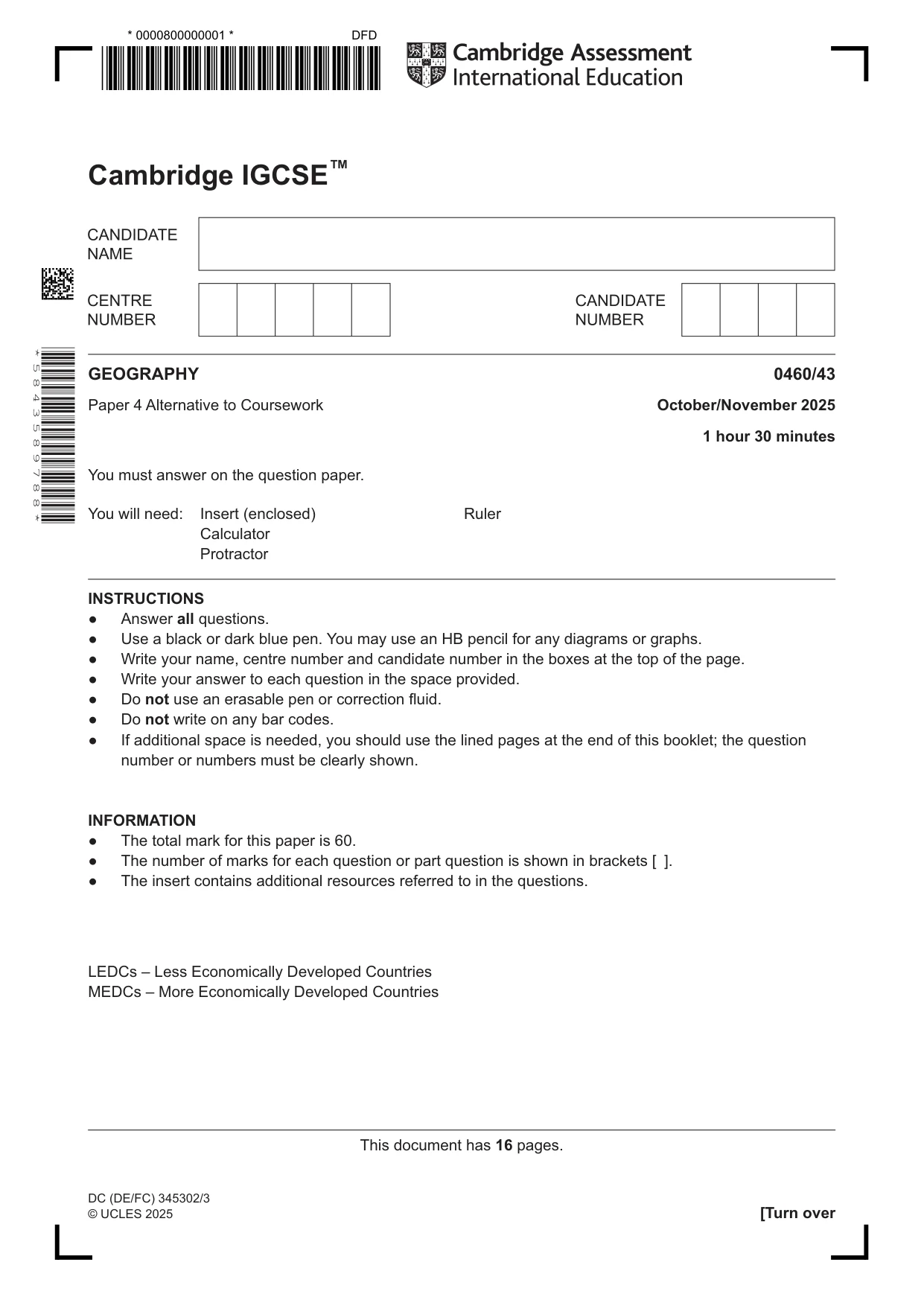 Cambridge IGCSE Geography 0460 2025 Oct/Nov Paper 4 · Variant 3 question paper, page 1 of 16