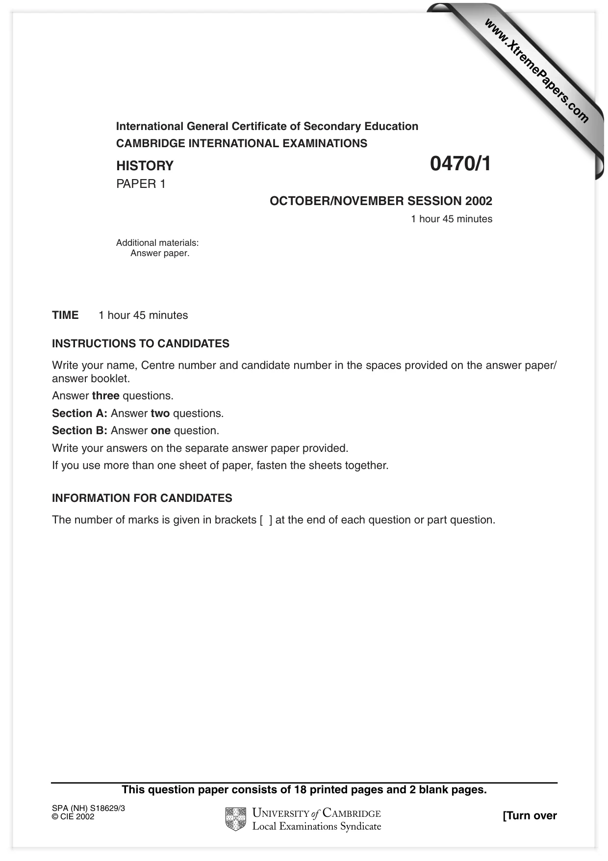 Cambridge IGCSE History 0470 2002 Oct/Nov Paper 1 · Variant 1 question paper, page 1 of 20