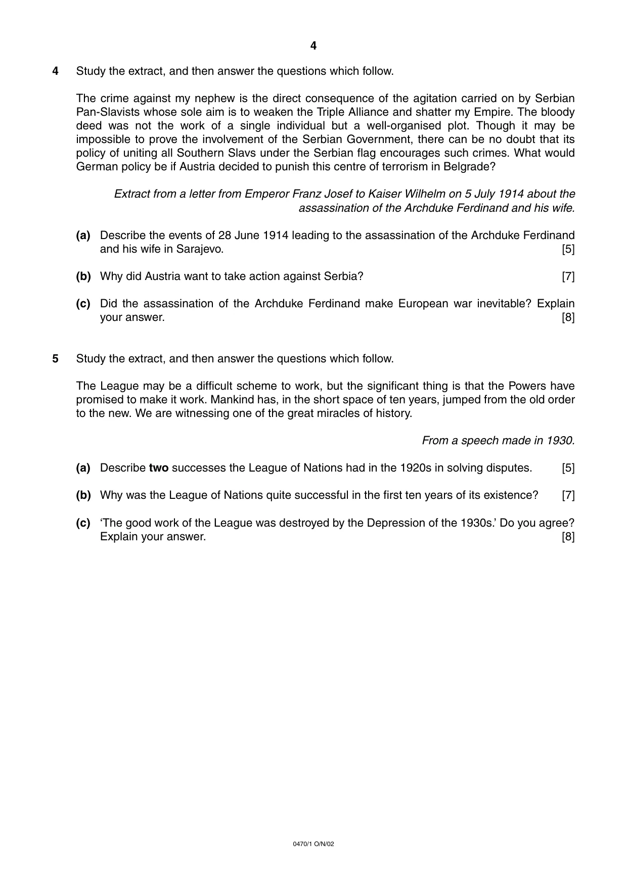 Cambridge IGCSE History 0470 2002 Oct/Nov Paper 1 · Variant 1 question paper, page 4 of 20