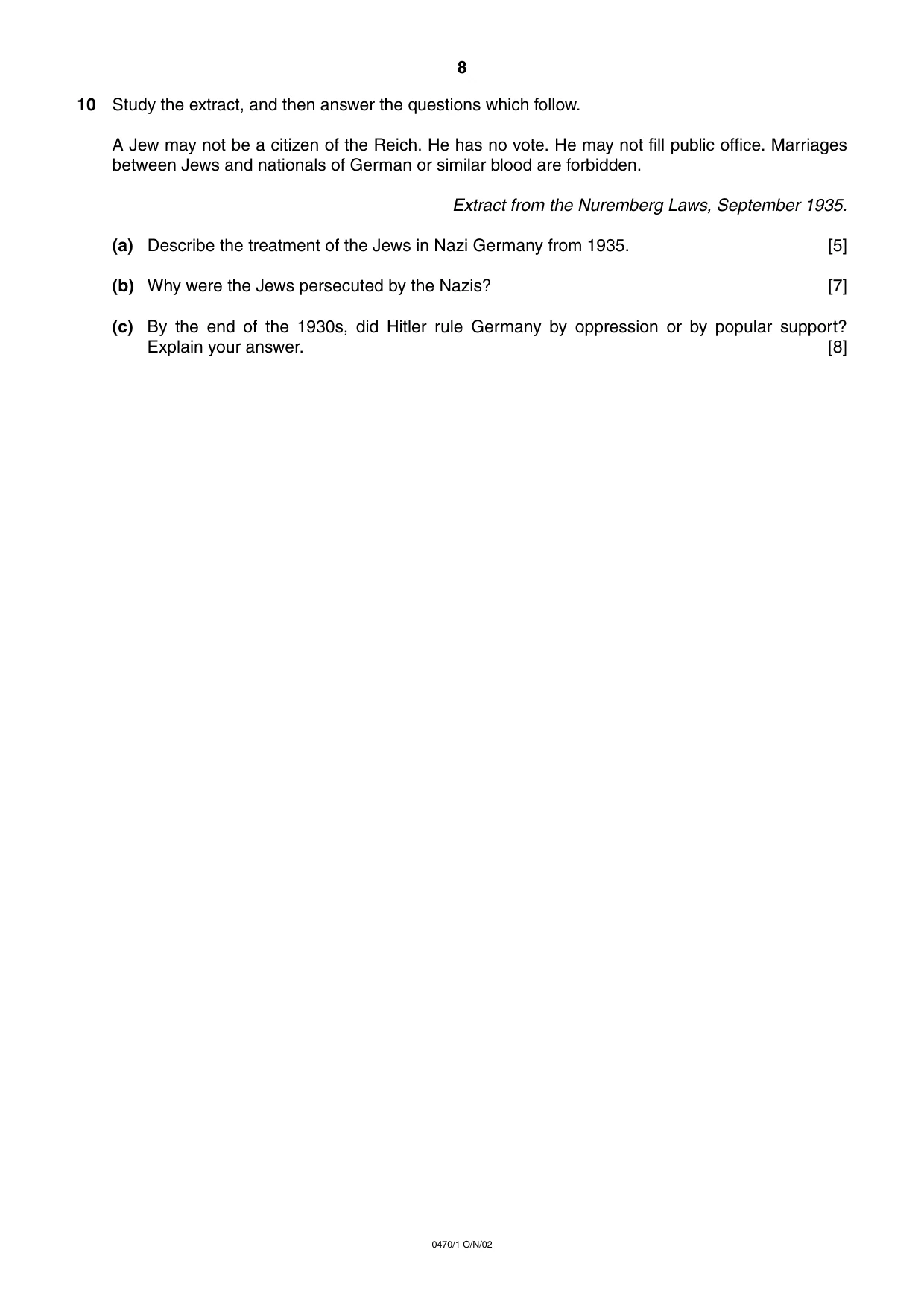Cambridge IGCSE History 0470 2002 Oct/Nov Paper 1 · Variant 1 question paper, page 8 of 20
