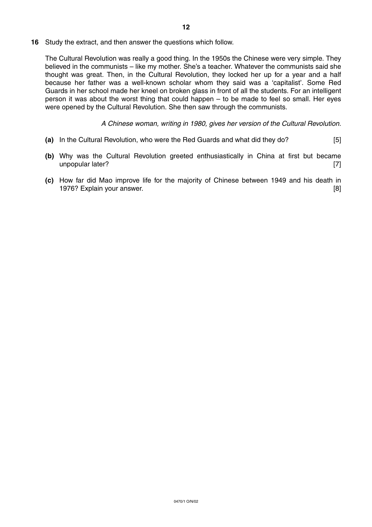 Cambridge IGCSE History 0470 2002 Oct/Nov Paper 1 · Variant 1 question paper, page 12 of 20