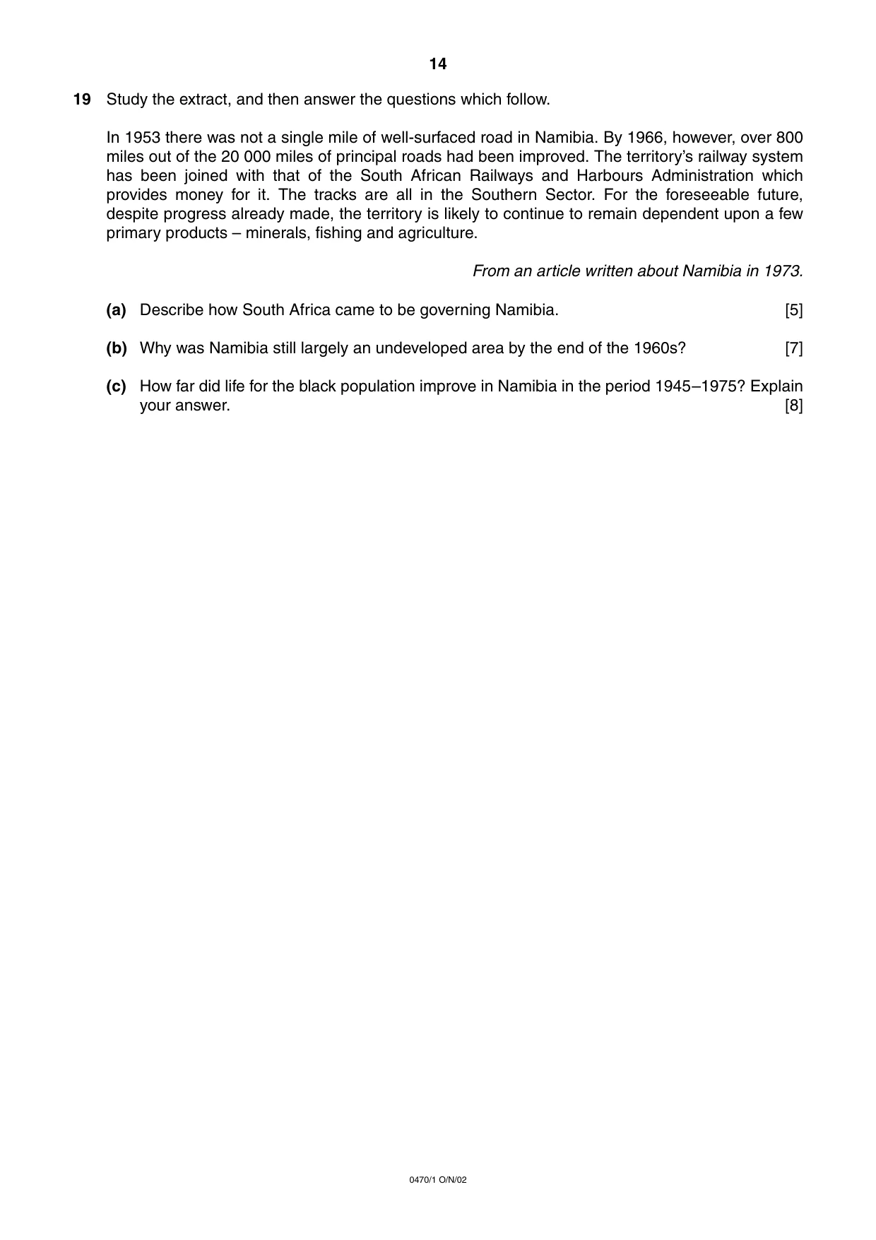 Cambridge IGCSE History 0470 2002 Oct/Nov Paper 1 · Variant 1 question paper, page 14 of 20