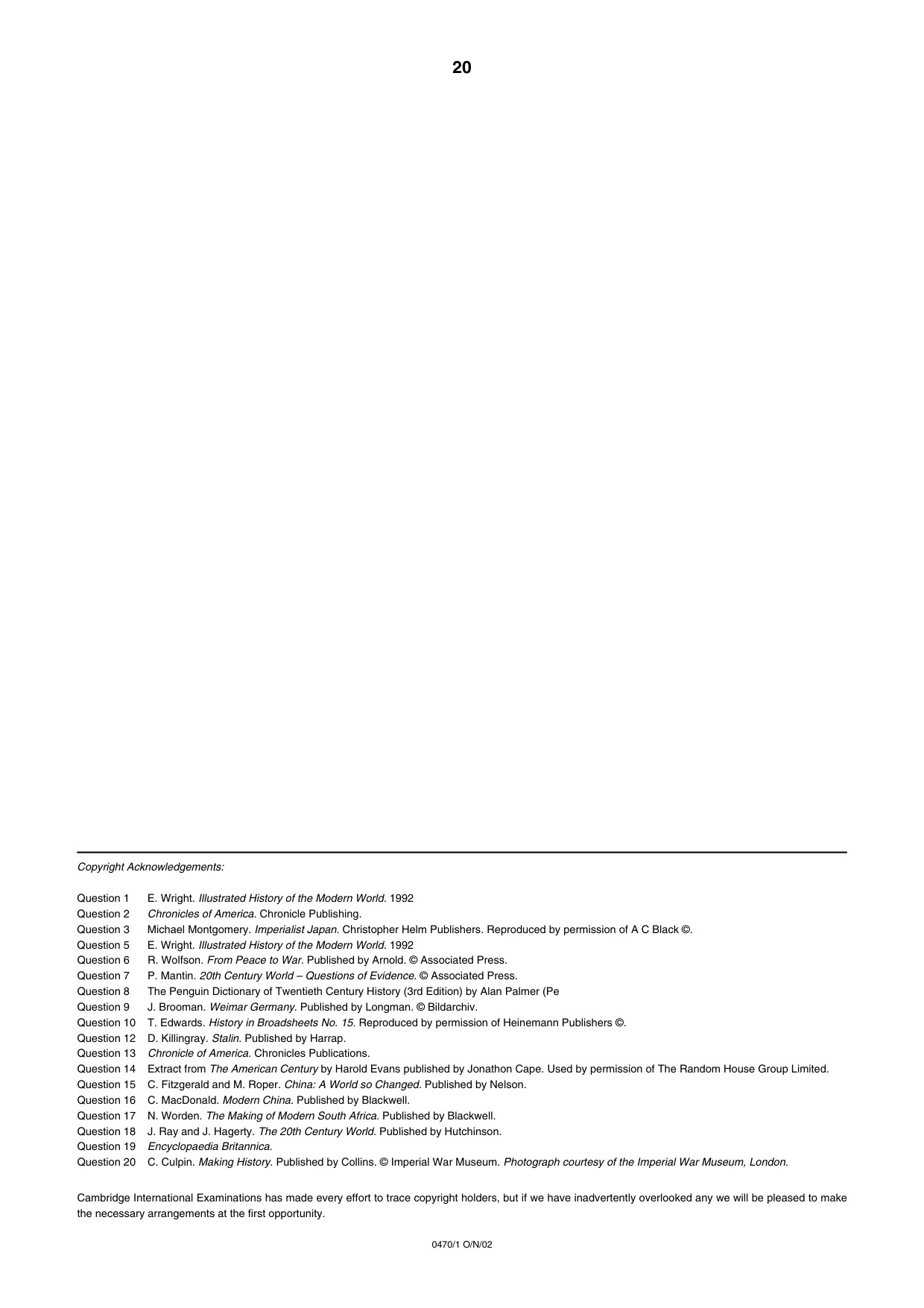 Cambridge IGCSE History 0470 2002 Oct/Nov Paper 1 · Variant 1 question paper, page 20 of 20