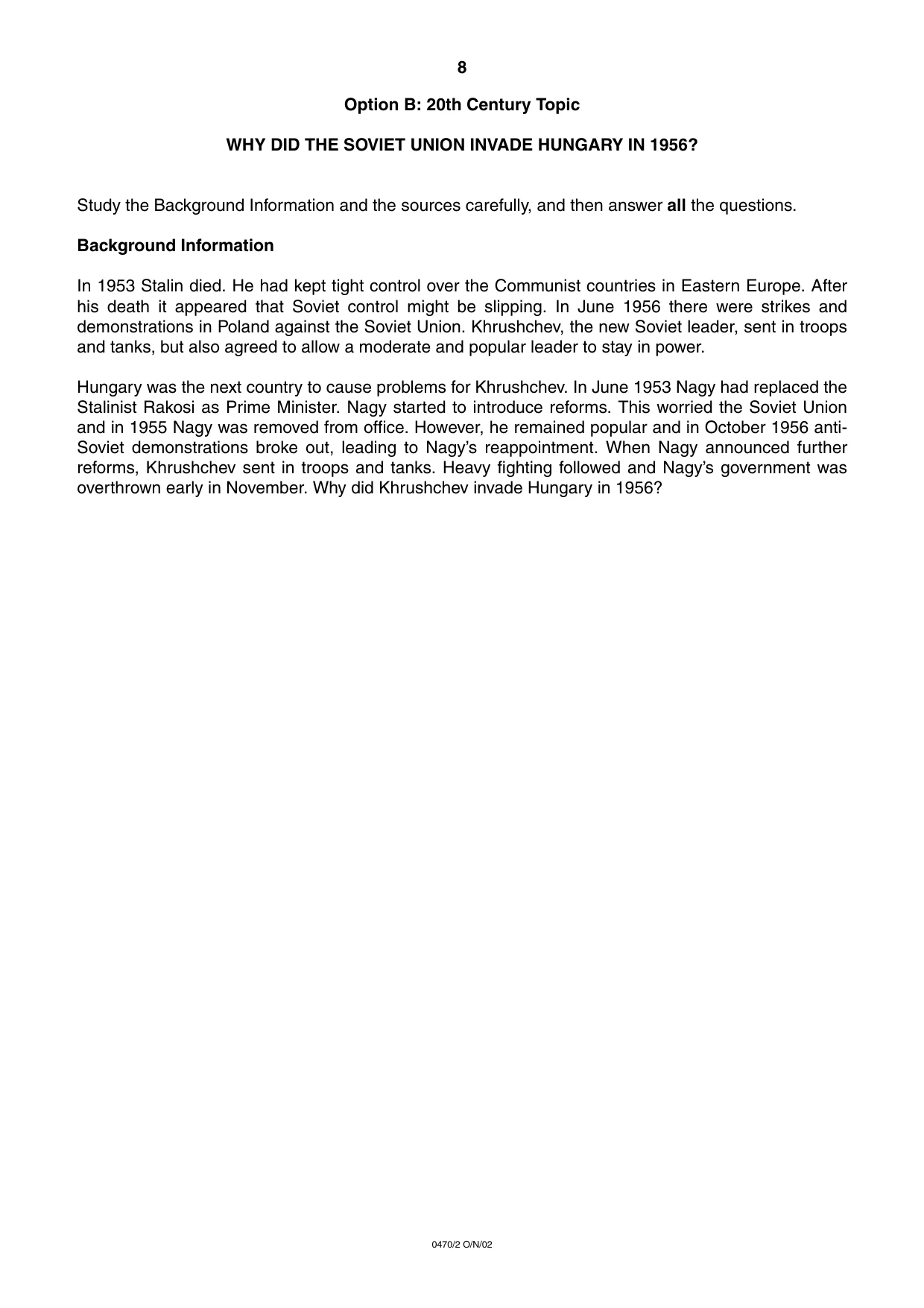 Cambridge IGCSE History 0470 2002 Oct/Nov Paper 2 · Variant 1 question paper, page 8 of 16
