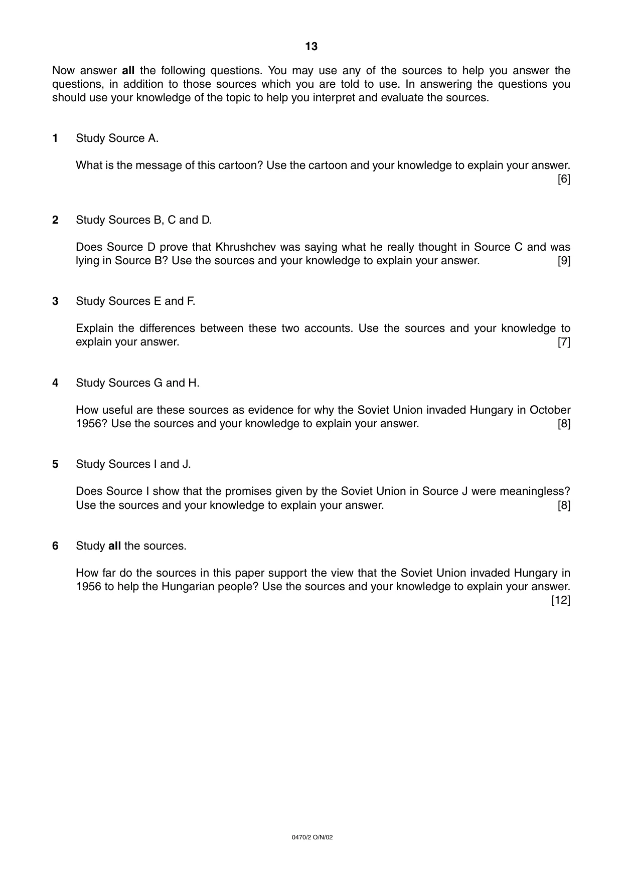 Cambridge IGCSE History 0470 2002 Oct/Nov Paper 2 · Variant 1 question paper, page 13 of 16