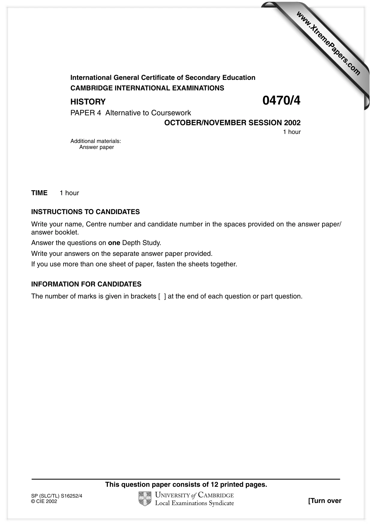 Cambridge IGCSE History 0470 2002 Oct/Nov Paper 4 · Variant 1 question paper, page 1 of 12
