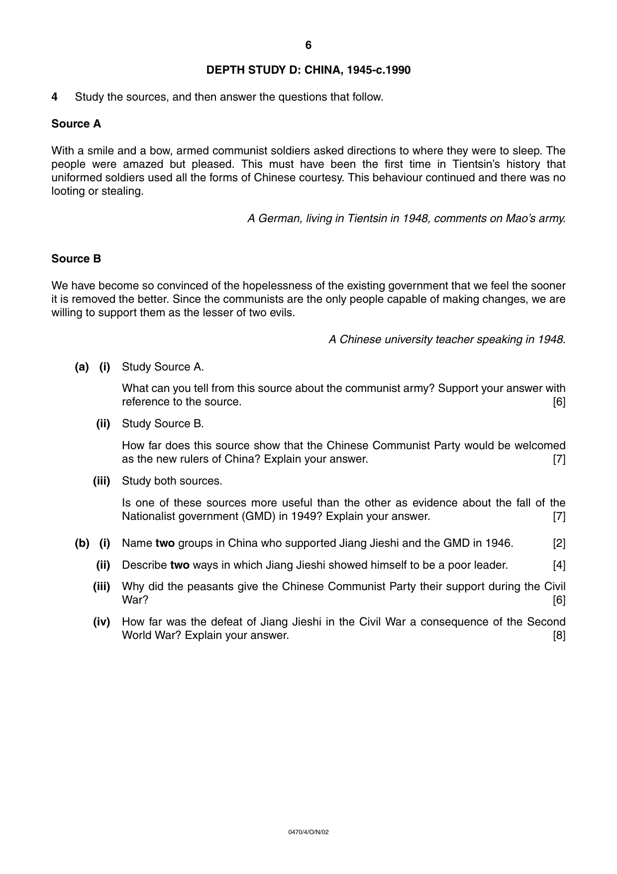 Cambridge IGCSE History 0470 2002 Oct/Nov Paper 4 · Variant 1 question paper, page 6 of 12