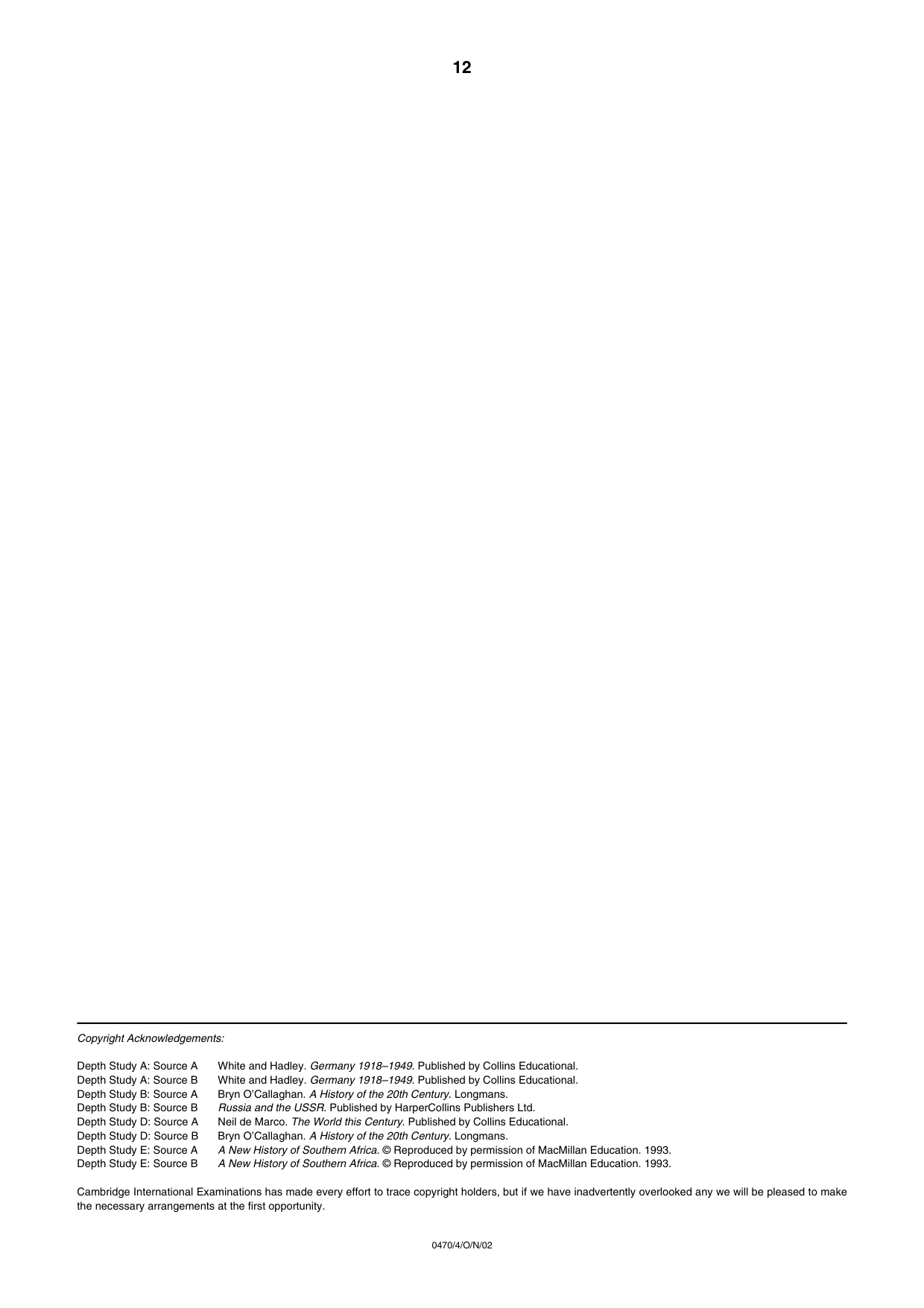 Cambridge IGCSE History 0470 2002 Oct/Nov Paper 4 · Variant 1 question paper, page 12 of 12