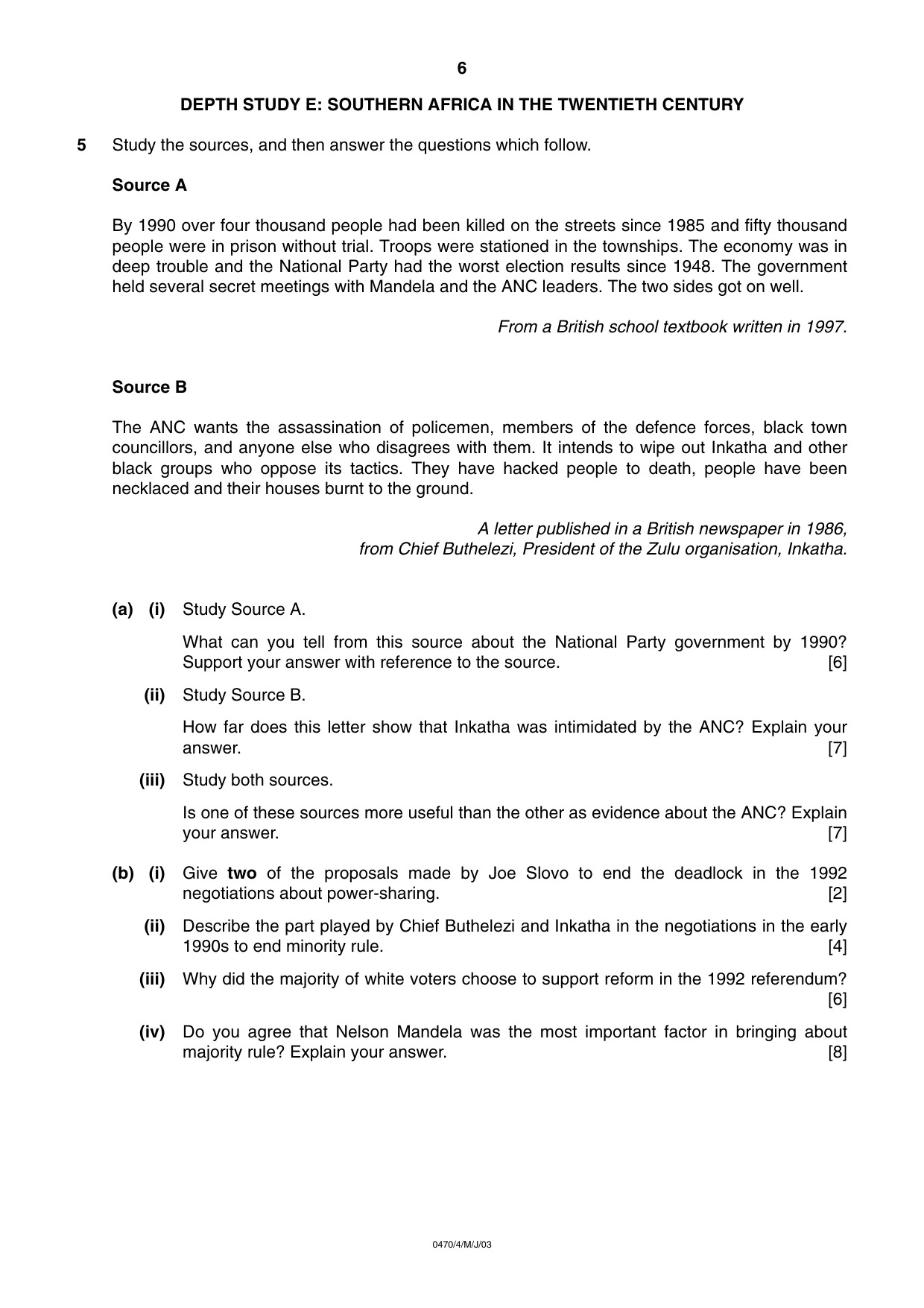 Cambridge IGCSE History 0470 2003 May/June Paper 4 · Variant 1 question paper, page 6 of 12