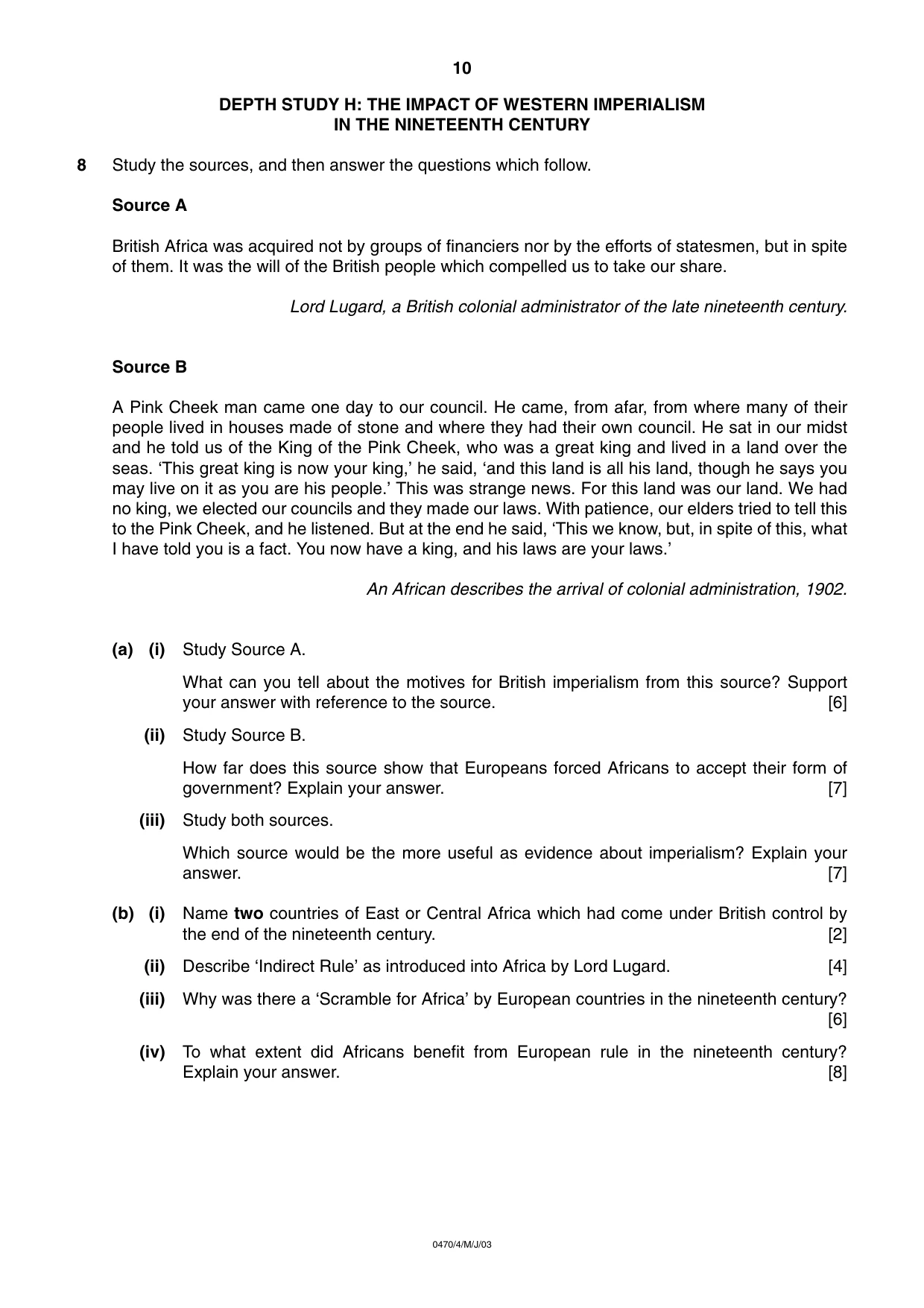 Cambridge IGCSE History 0470 2003 May/June Paper 4 · Variant 1 question paper, page 10 of 12