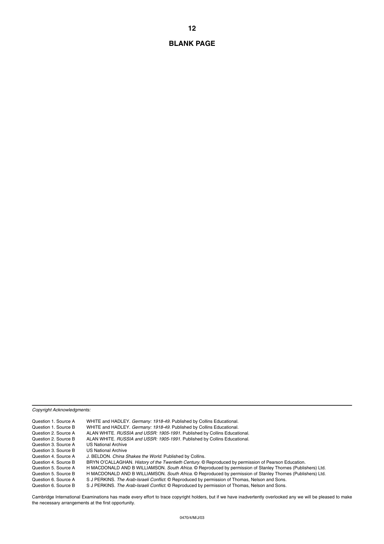 Cambridge IGCSE History 0470 2003 May/June Paper 4 · Variant 1 question paper, page 12 of 12