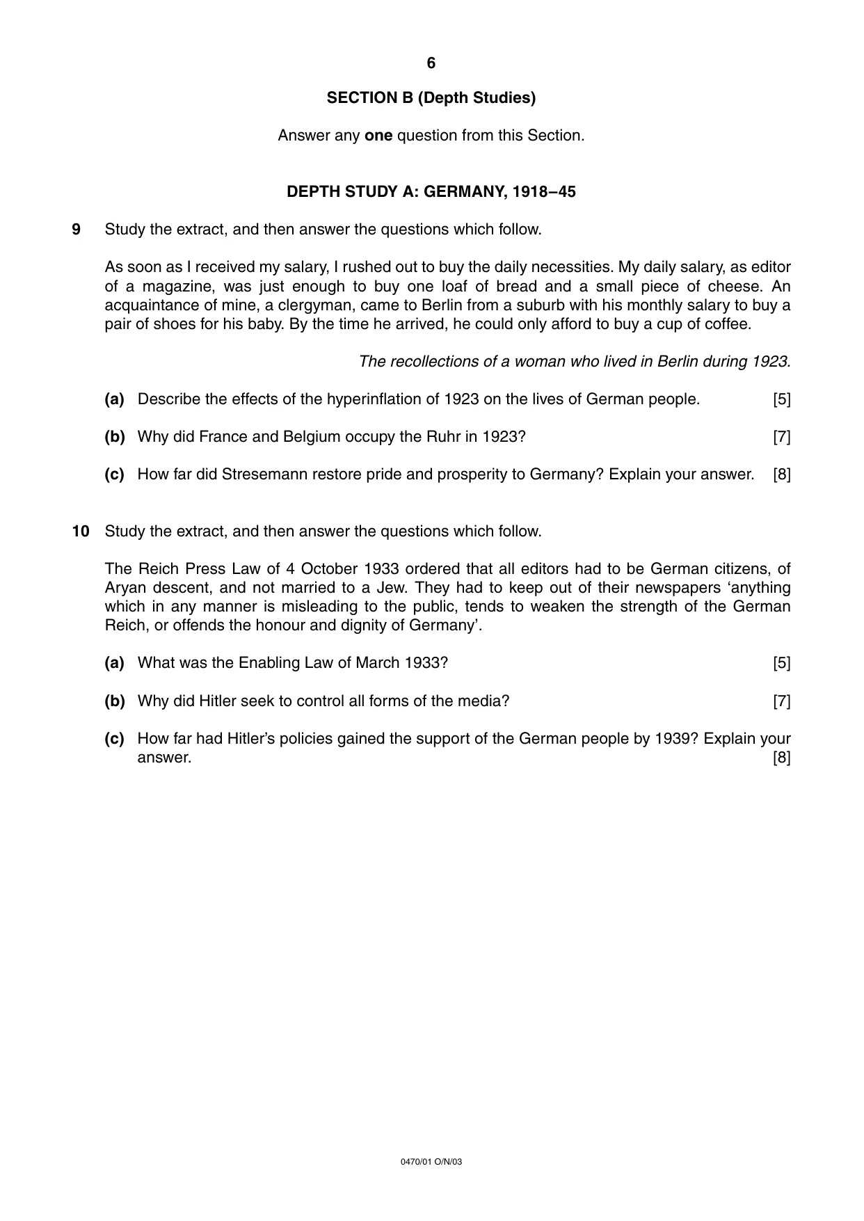 Cambridge IGCSE History 0470 2003 Oct/Nov Paper 1 · Variant 1 question paper, page 6 of 16
