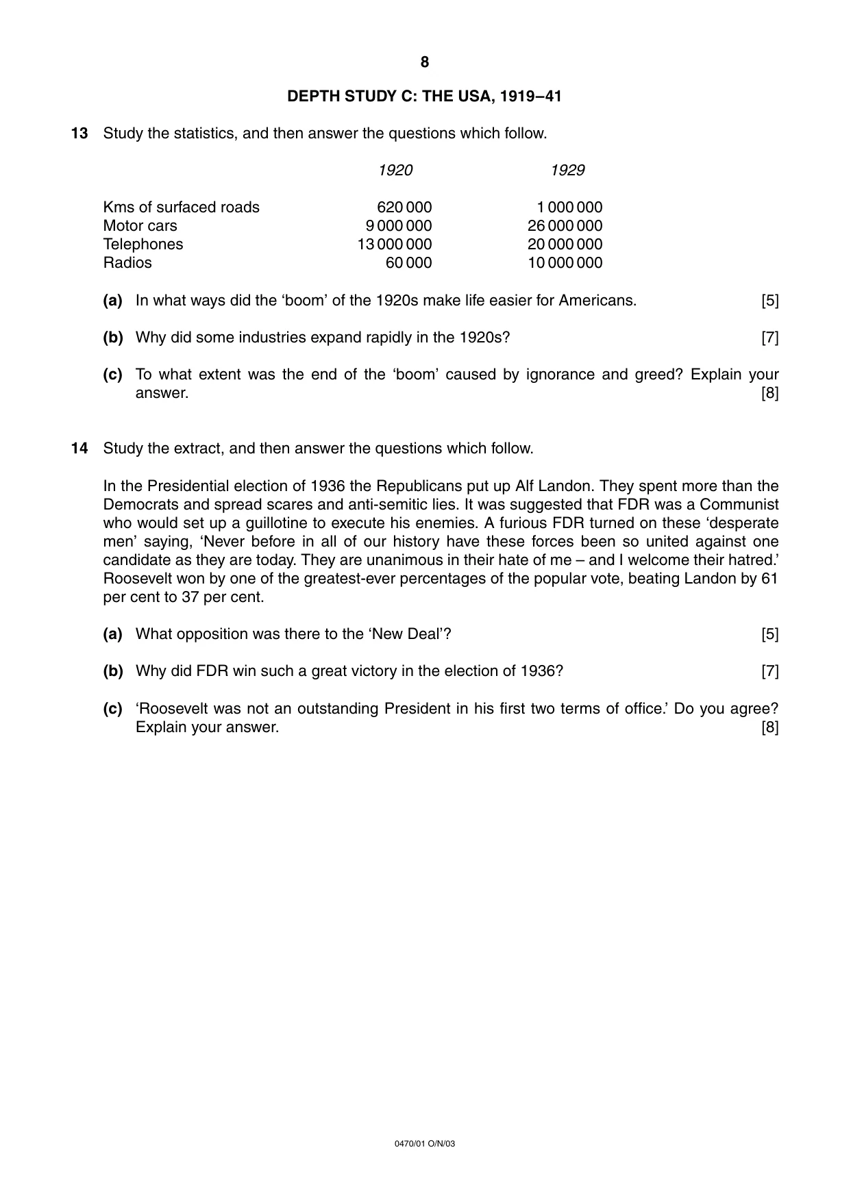 Cambridge IGCSE History 0470 2003 Oct/Nov Paper 1 · Variant 1 question paper, page 8 of 16