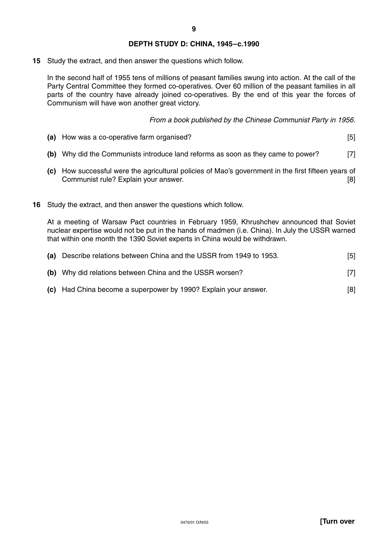Cambridge IGCSE History 0470 2003 Oct/Nov Paper 1 · Variant 1 question paper, page 9 of 16