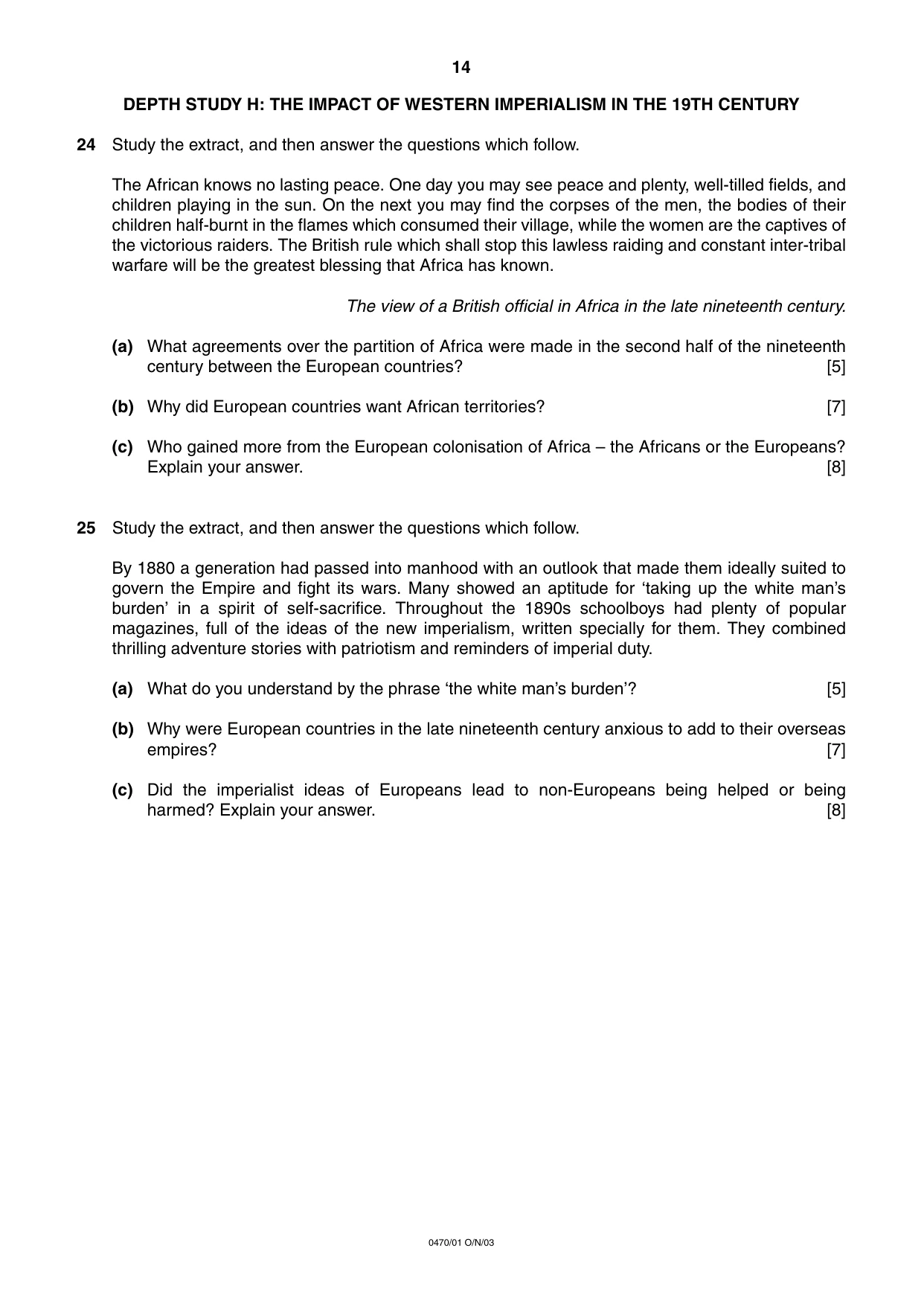 Cambridge IGCSE History 0470 2003 Oct/Nov Paper 1 · Variant 1 question paper, page 14 of 16