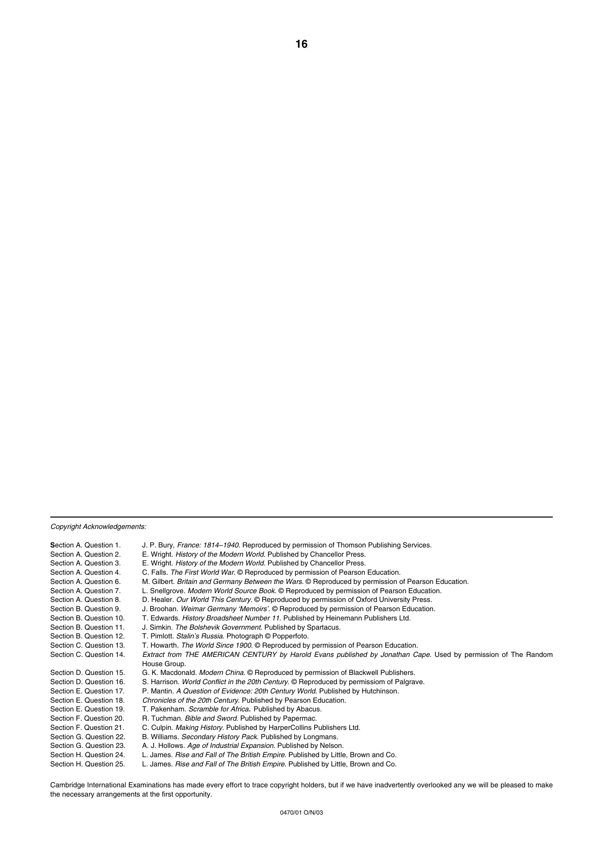 Cambridge IGCSE History 0470 2003 Oct/Nov Paper 1 · Variant 1 question paper, page 16 of 16