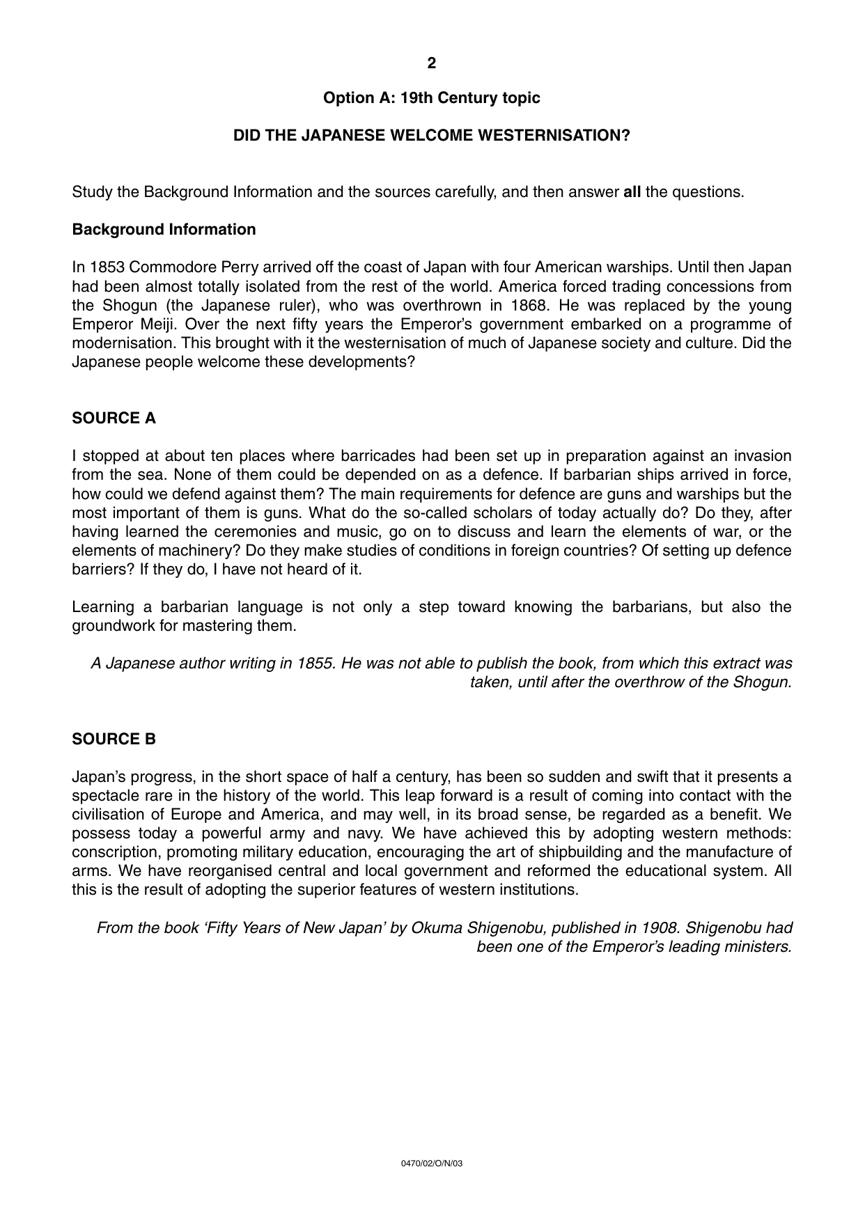 Cambridge IGCSE History 0470 2003 Oct/Nov Paper 2 · Variant 1 question paper, page 2 of 12