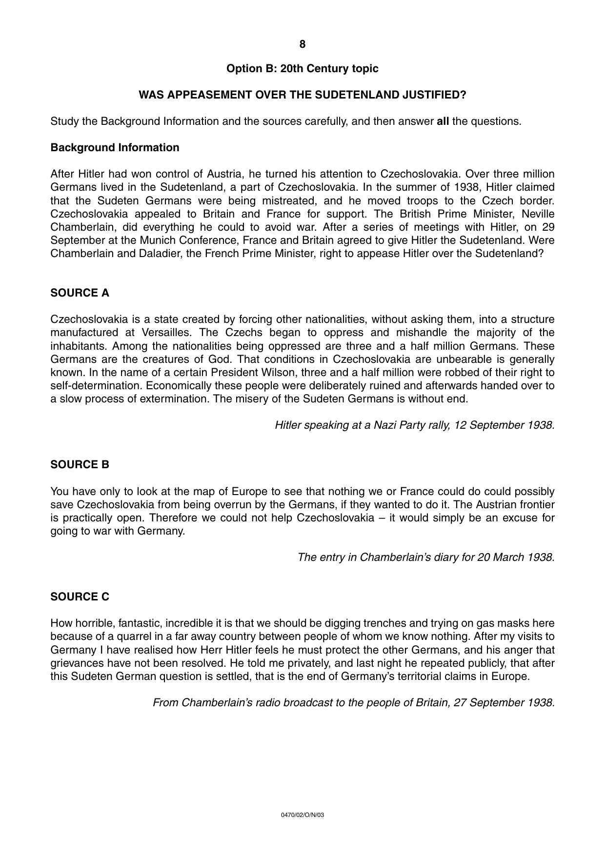 Cambridge IGCSE History 0470 2003 Oct/Nov Paper 2 · Variant 1 question paper, page 8 of 12