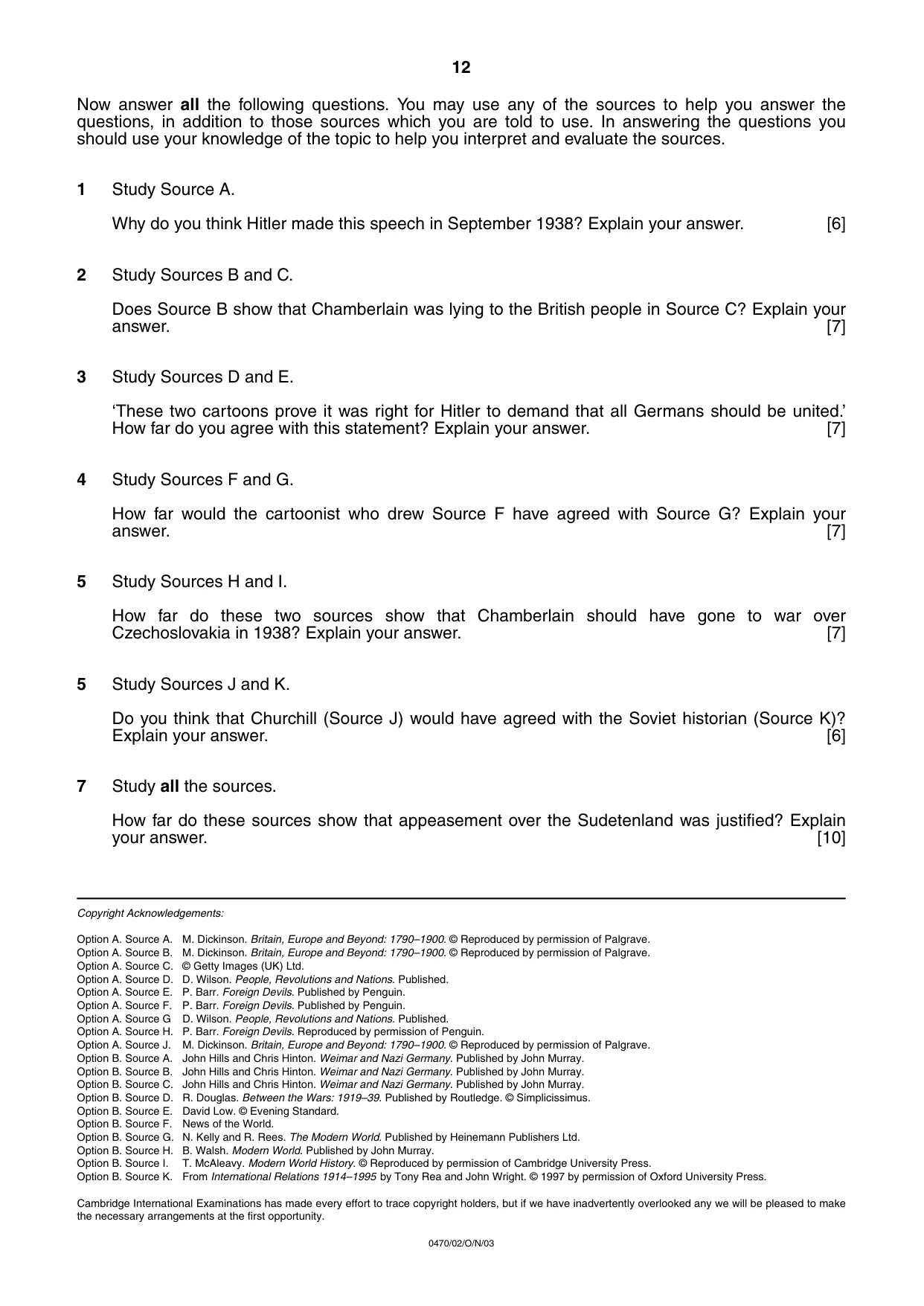Cambridge IGCSE History 0470 2003 Oct/Nov Paper 2 · Variant 1 question paper, page 12 of 12