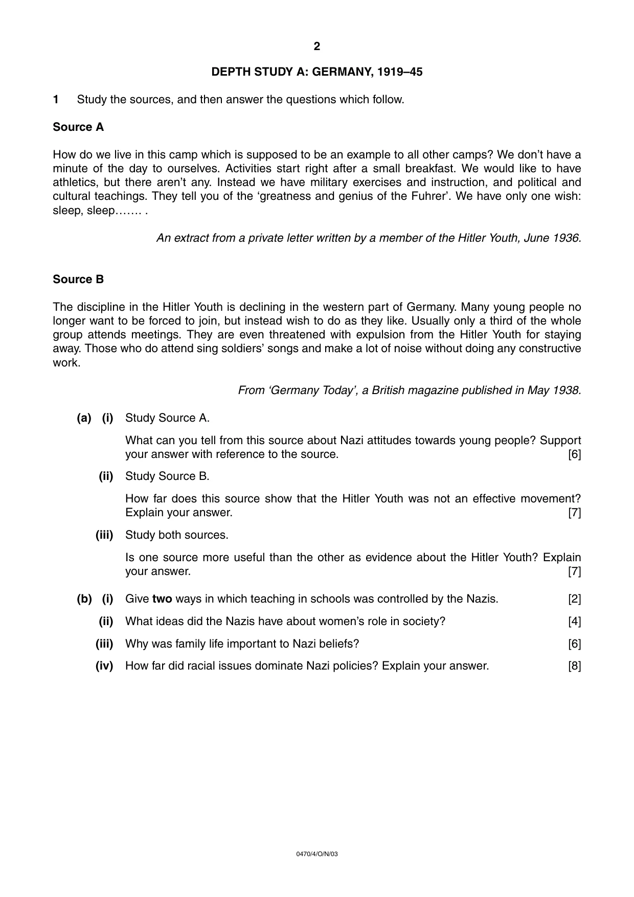 Cambridge IGCSE History 0470 2003 Oct/Nov Paper 4 · Variant 1 question paper, page 2 of 12