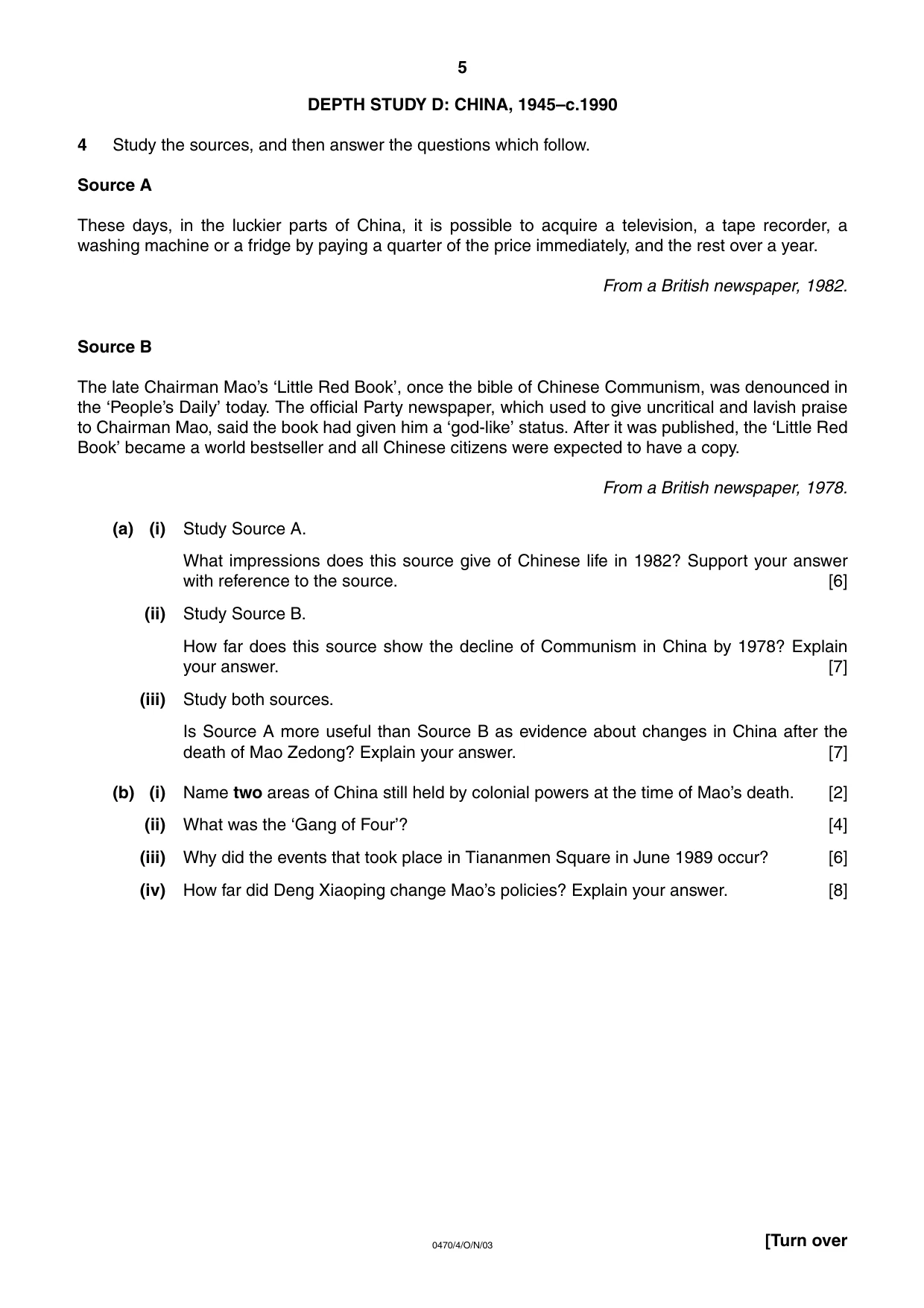 Cambridge IGCSE History 0470 2003 Oct/Nov Paper 4 · Variant 1 question paper, page 5 of 12