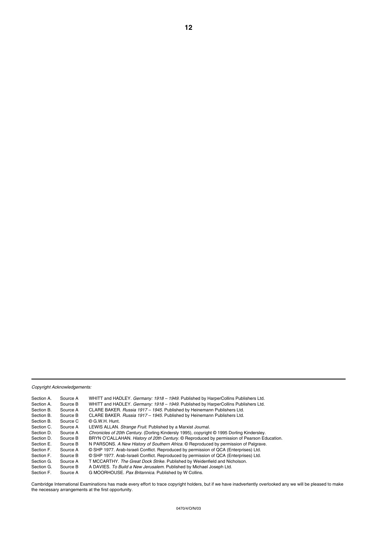 Cambridge IGCSE History 0470 2003 Oct/Nov Paper 4 · Variant 1 question paper, page 12 of 12