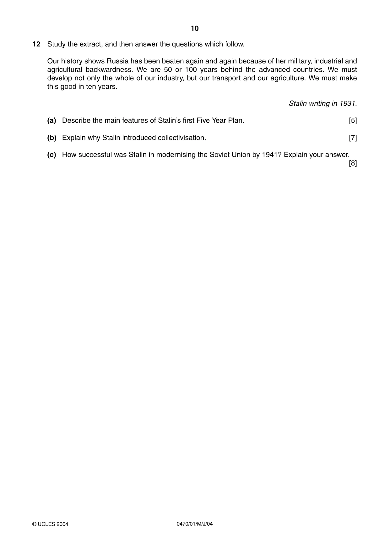 Cambridge IGCSE History 0470 2004 May/June Paper 1 · Variant 1 question paper, page 10 of 20