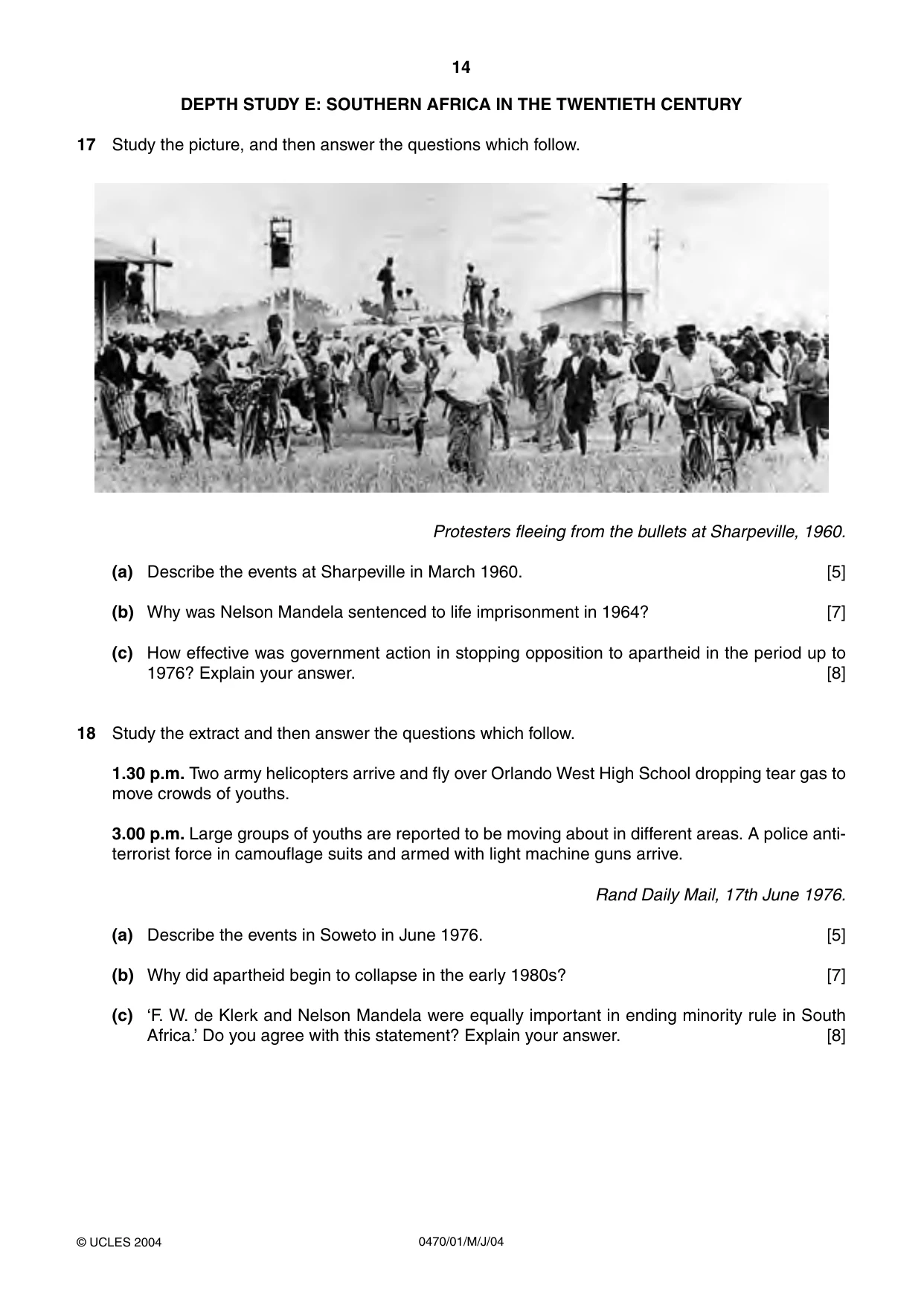 Cambridge IGCSE History 0470 2004 May/June Paper 1 · Variant 1 question paper, page 14 of 20