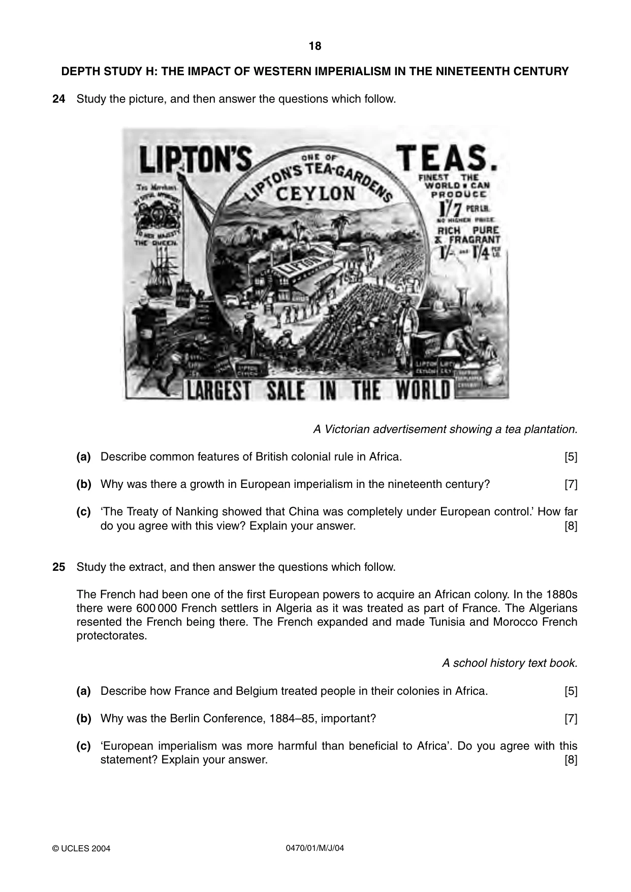 Cambridge IGCSE History 0470 2004 May/June Paper 1 · Variant 1 question paper, page 18 of 20