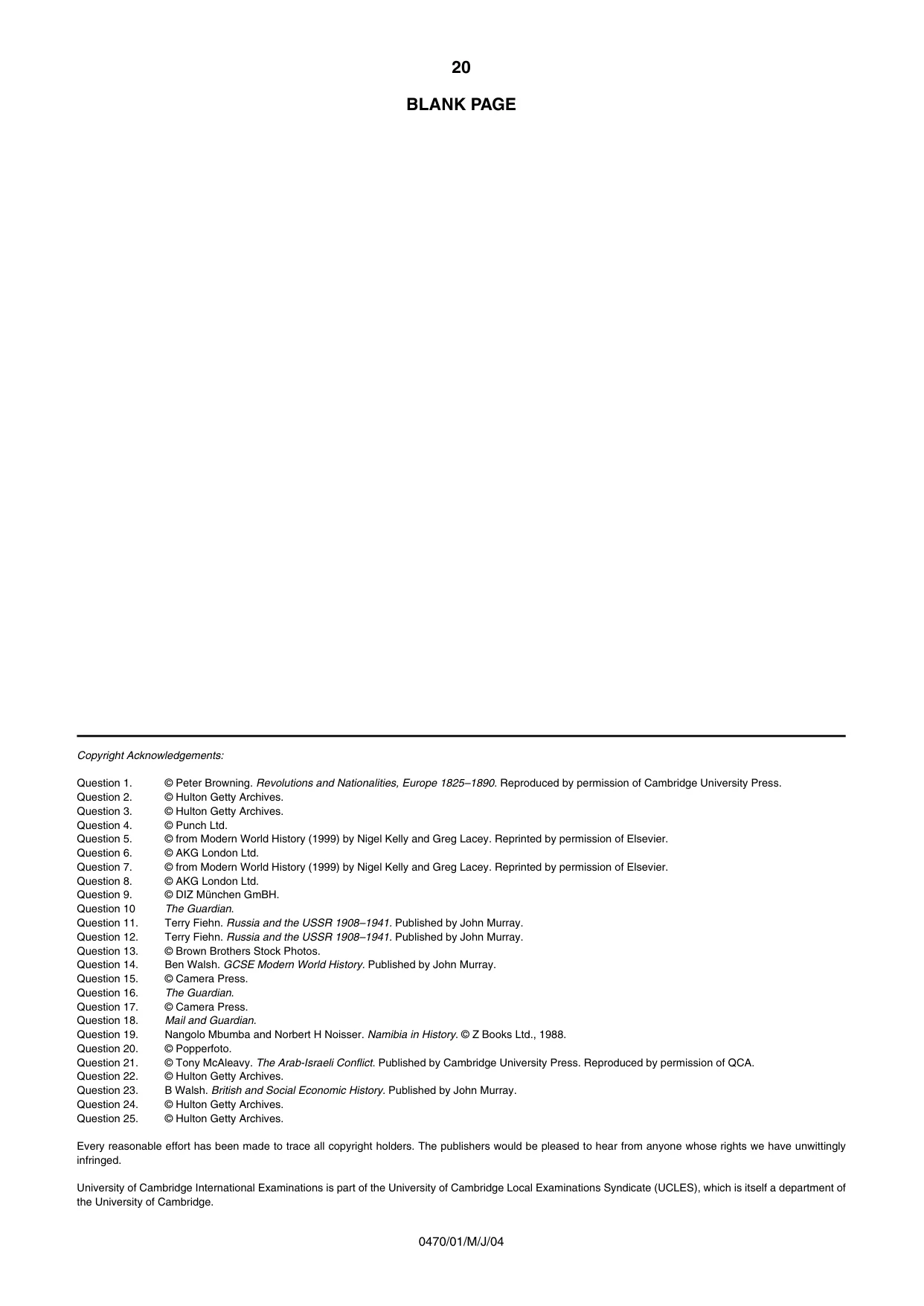 Cambridge IGCSE History 0470 2004 May/June Paper 1 · Variant 1 question paper, page 20 of 20
