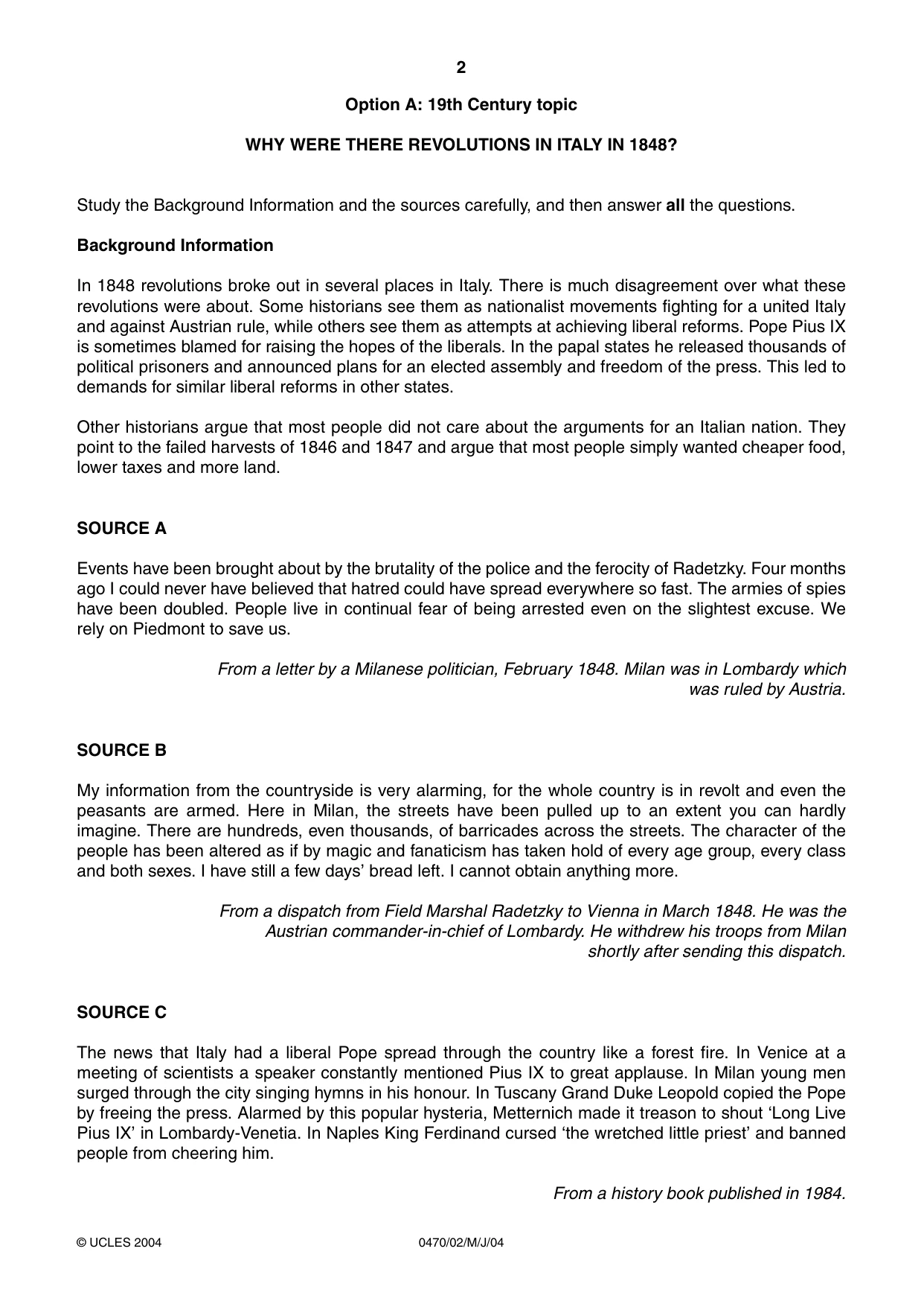 Cambridge IGCSE History 0470 2004 May/June Paper 2 · Variant 1 question paper, page 2 of 12