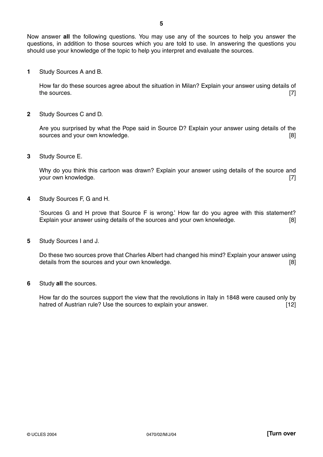 Cambridge IGCSE History 0470 2004 May/June Paper 2 · Variant 1 question paper, page 5 of 12