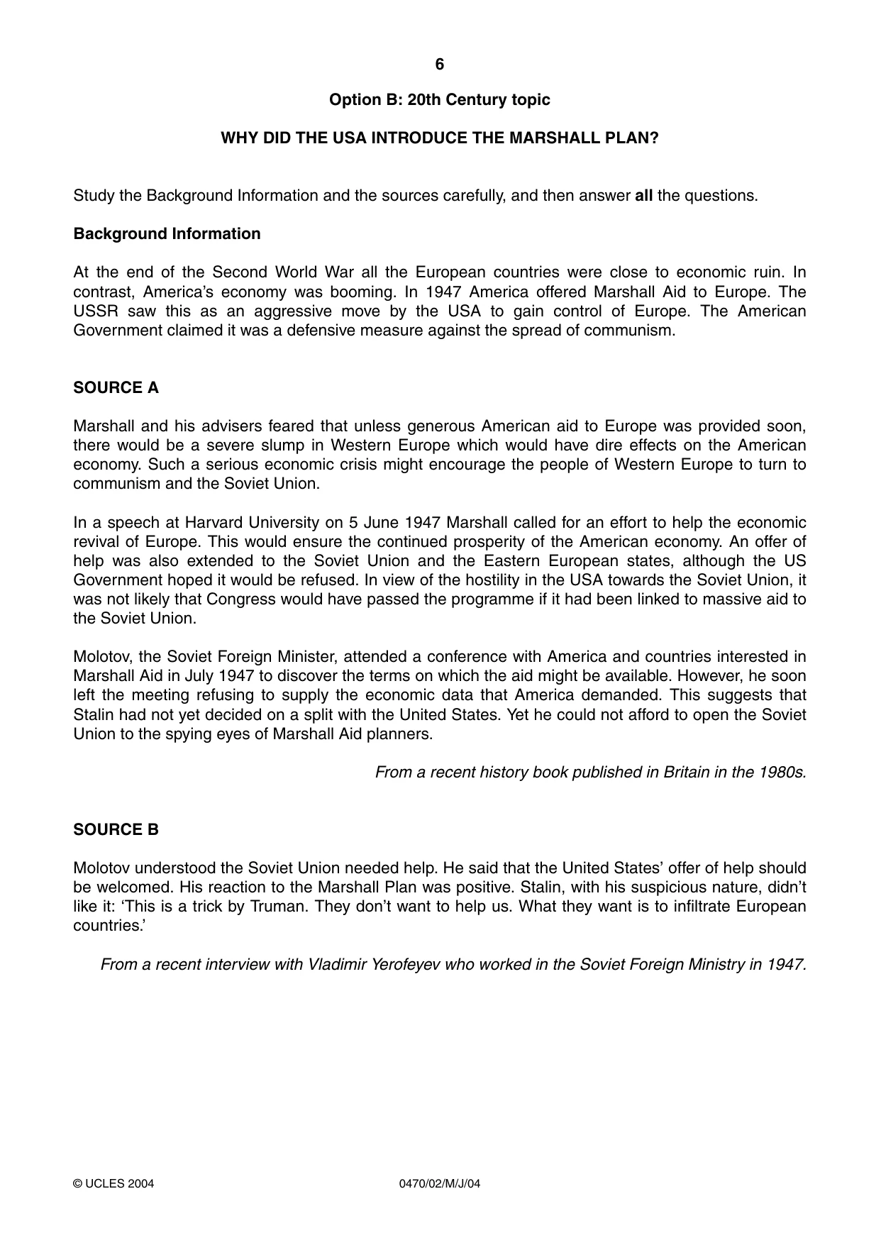 Cambridge IGCSE History 0470 2004 May/June Paper 2 · Variant 1 question paper, page 6 of 12