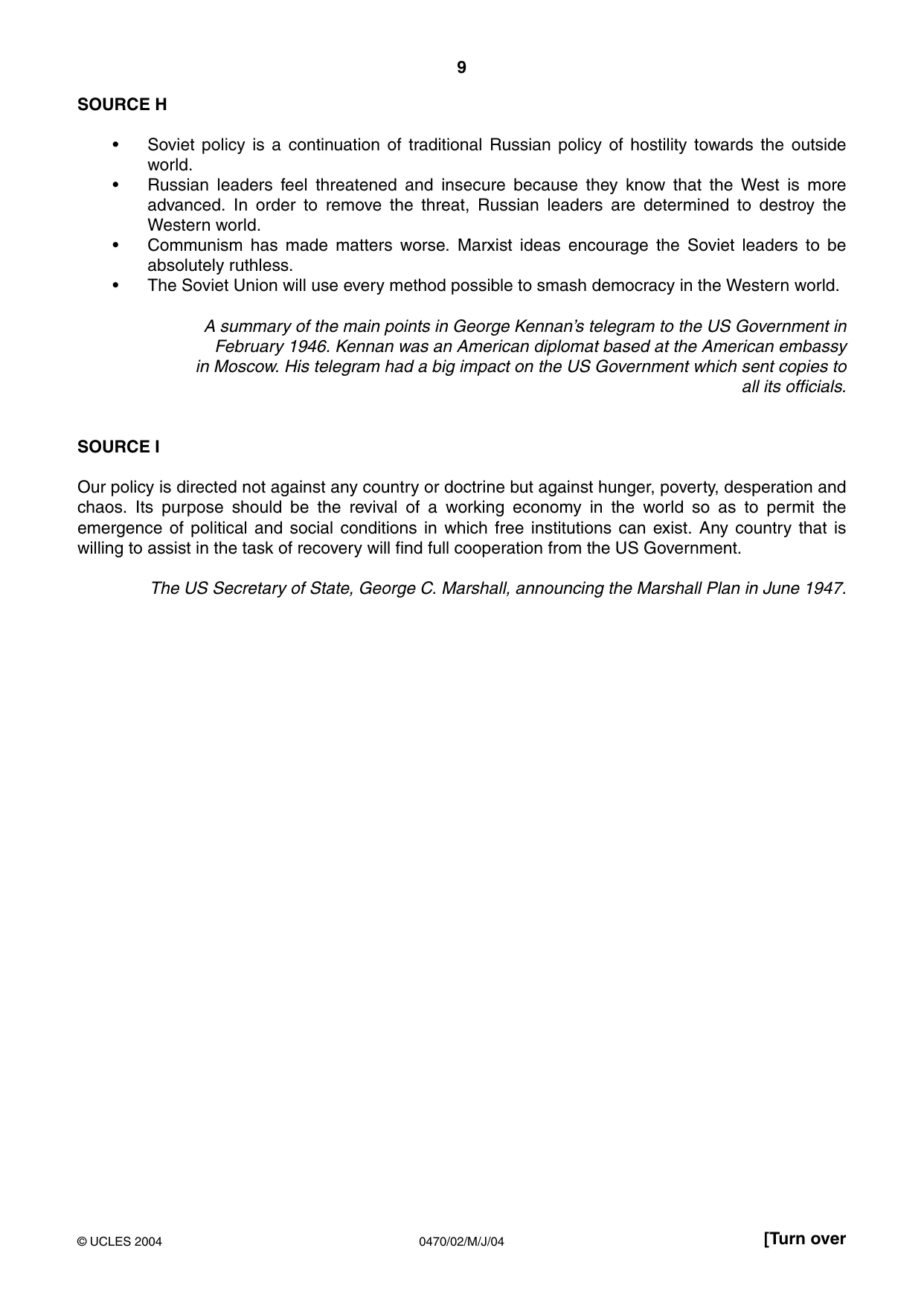 Cambridge IGCSE History 0470 2004 May/June Paper 2 · Variant 1 question paper, page 9 of 12