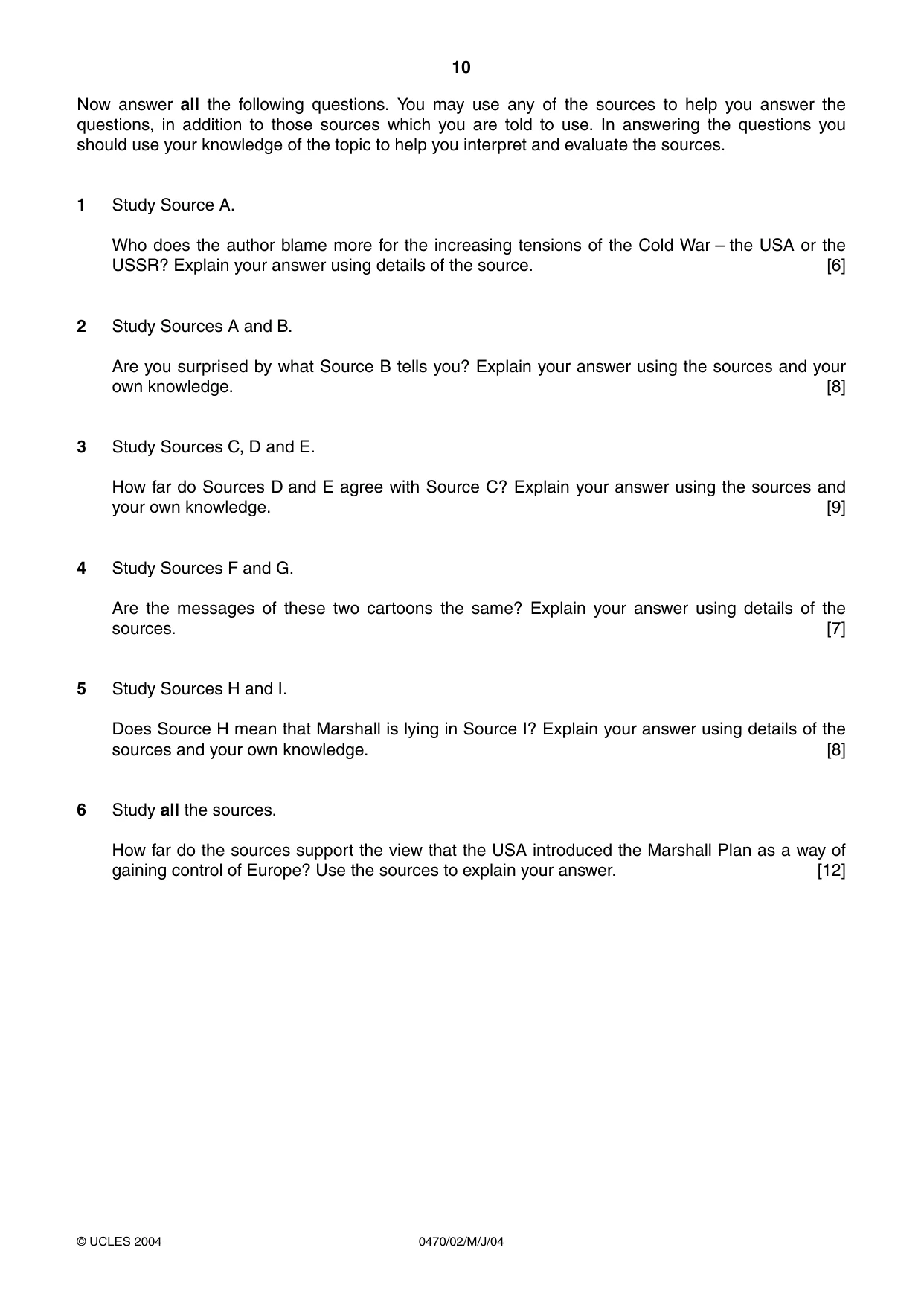 Cambridge IGCSE History 0470 2004 May/June Paper 2 · Variant 1 question paper, page 10 of 12