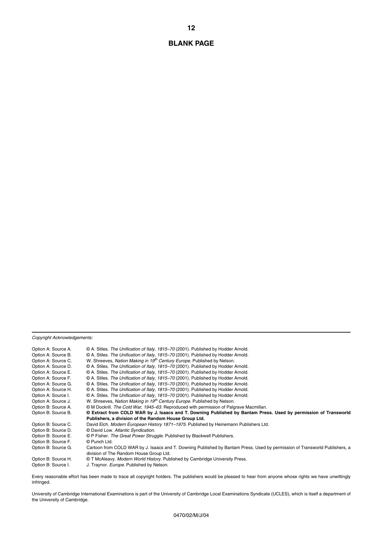 Cambridge IGCSE History 0470 2004 May/June Paper 2 · Variant 1 question paper, page 12 of 12