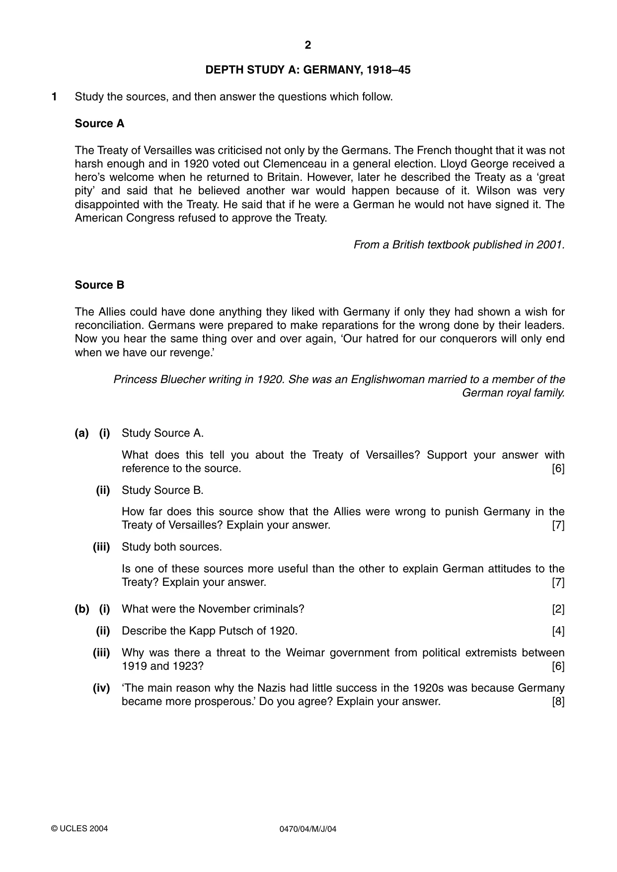 Cambridge IGCSE History 0470 2004 May/June Paper 4 · Variant 1 question paper, page 2 of 12
