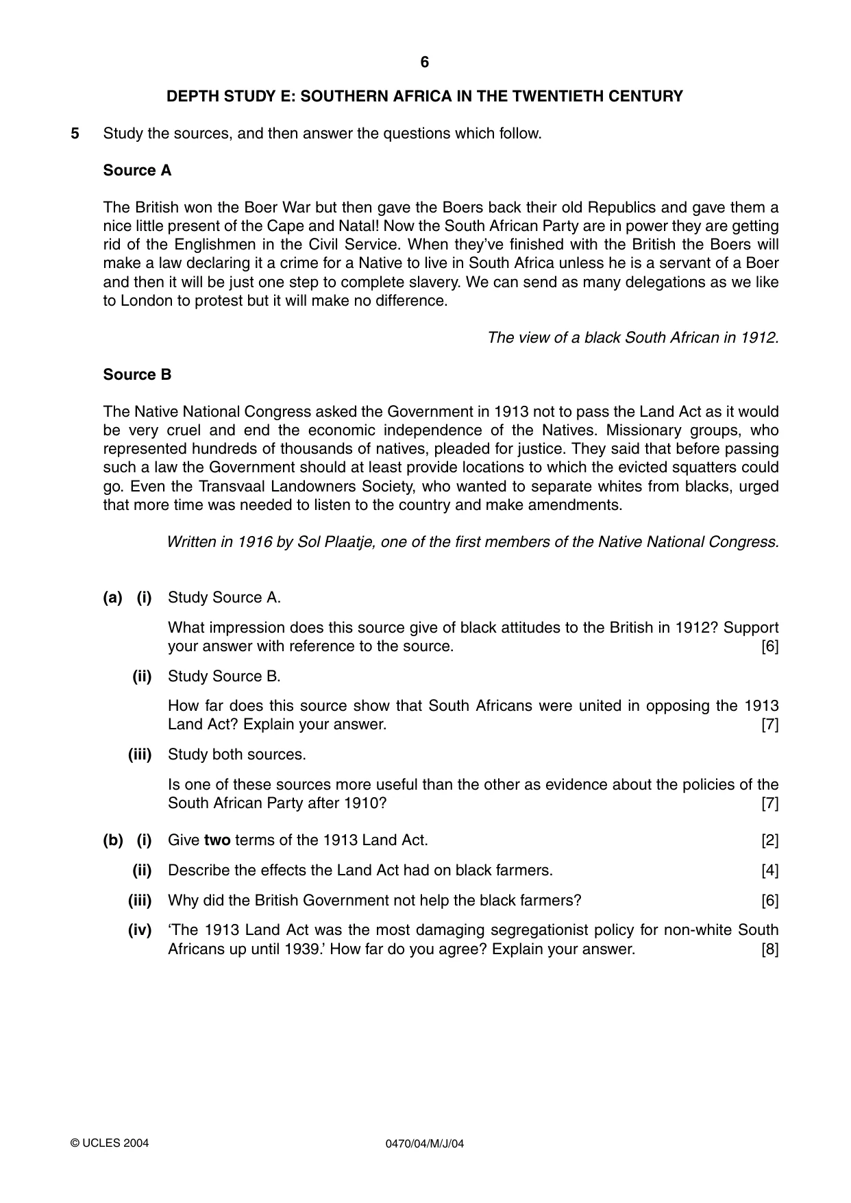Cambridge IGCSE History 0470 2004 May/June Paper 4 · Variant 1 question paper, page 6 of 12
